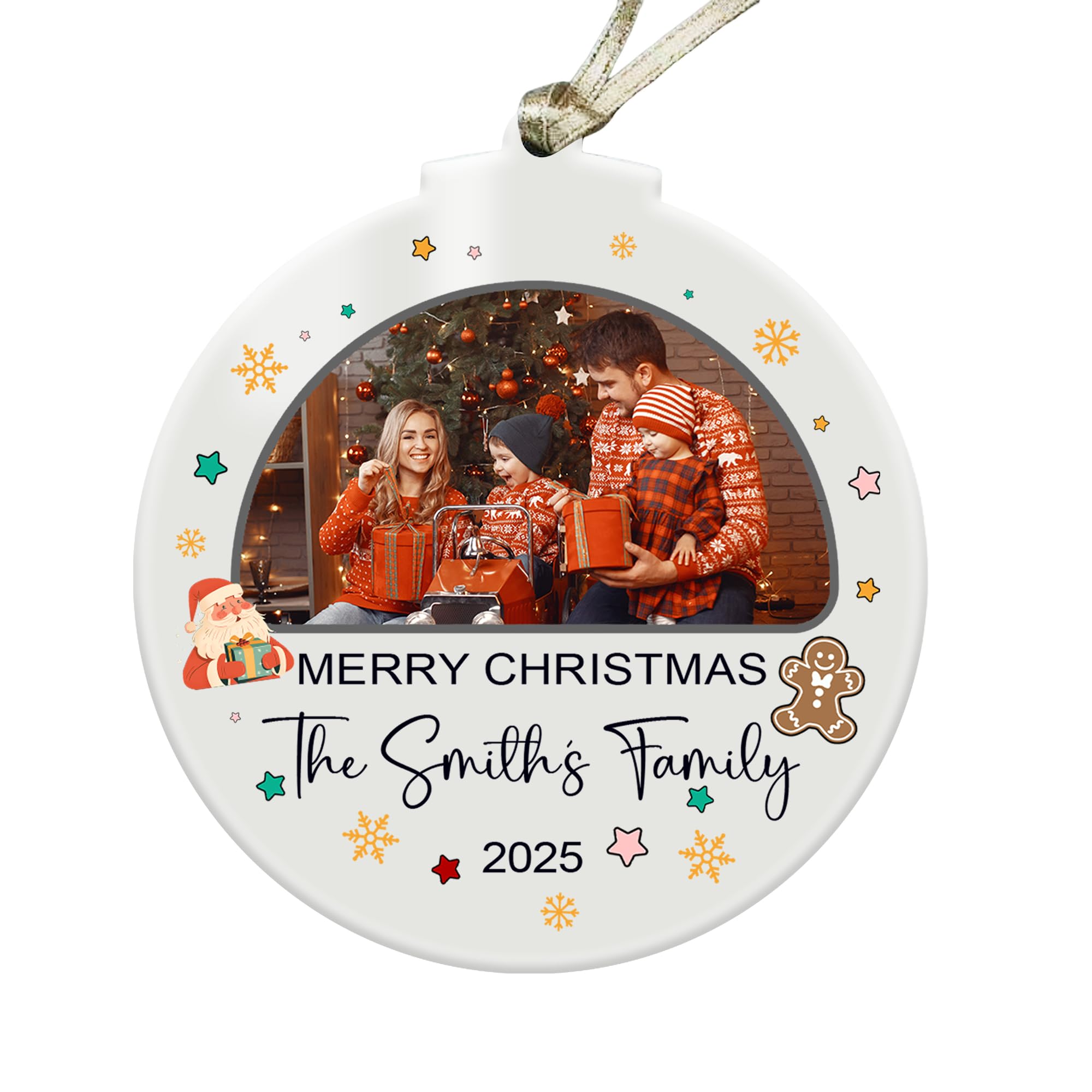 Personalized Family Christmas Photo Ornament - Custom Acrylic Bauble Decoration with Santa & Gingerbread Design - Merry Christmas Keepsake Gift for Families, Parents, or Grandparents