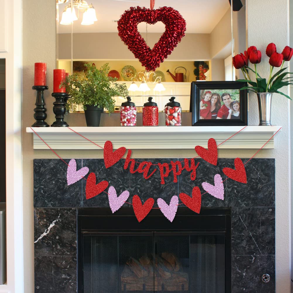Red Valentine Decorations Red Glitter Happy Valentines Day Banner And ...