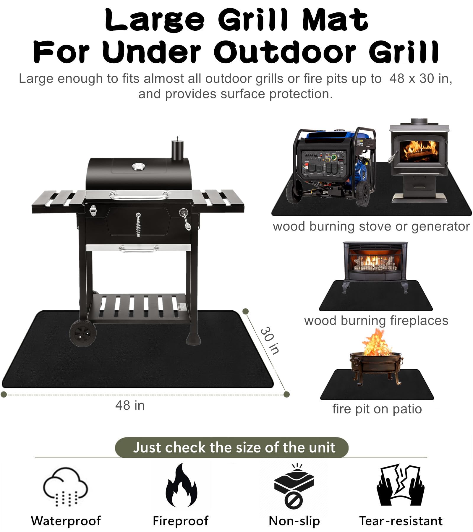 Falezern 48 X 30 in Under Grill Mat for Outdoor Grill Deck Protector Large, Square Fireproof Fire Pit Floor Protector Mat for Under Fire Pit, BBQ Grill Matt for Under Grill, Fireplace, and More.