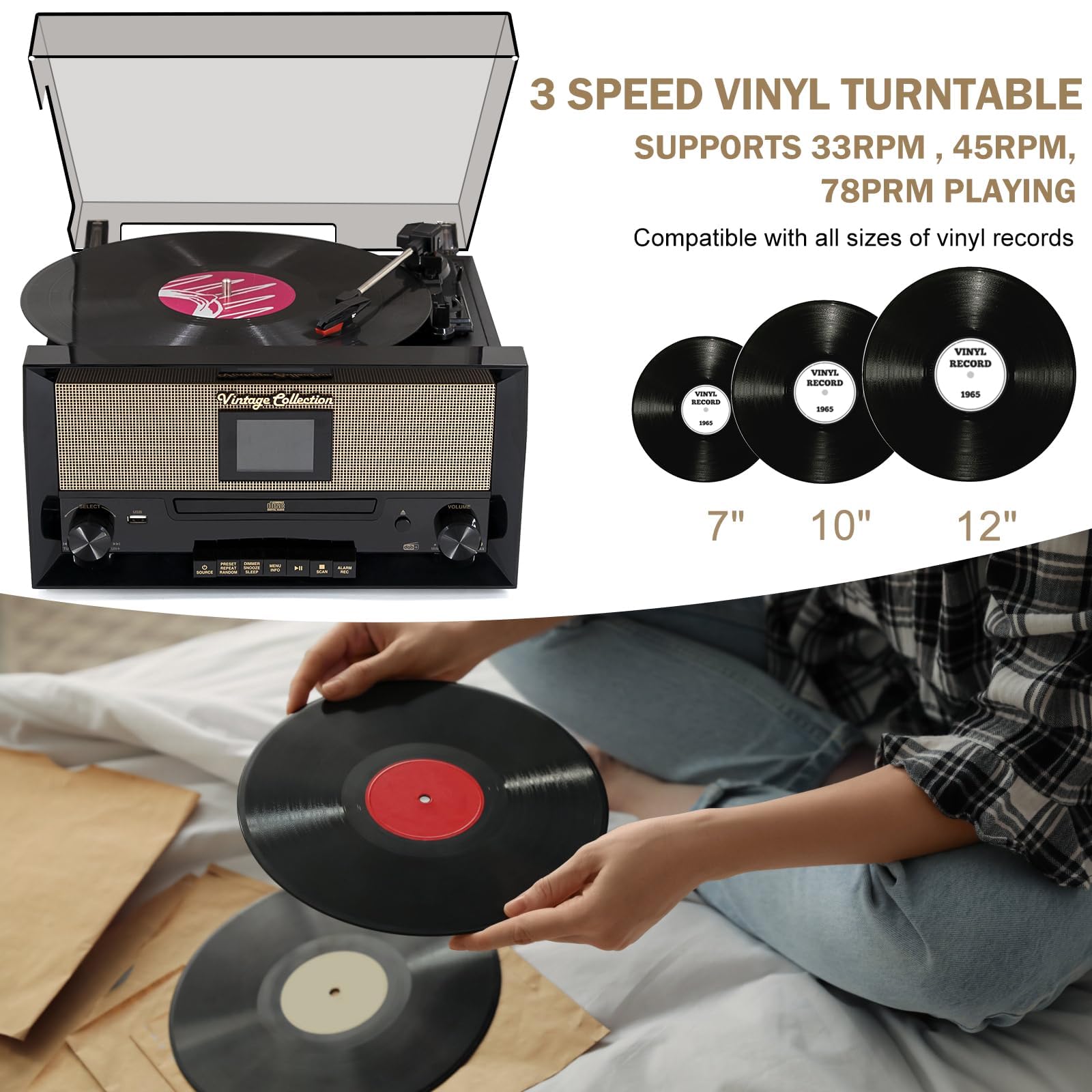 Tocadiscos con altavoces estéreo dobles integrados, tocadiscos de vinilo inalámbrico 9 en 1 de 3 velocidades con disco CD, combo de radio PLL FM/DAB, reproducción y grabación USB, conector para