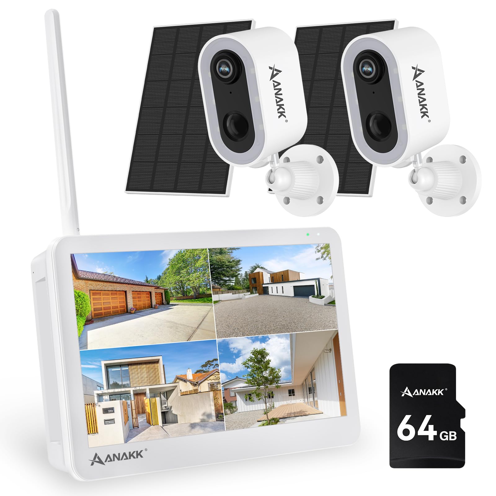 ANAKK 4MP Wireless Security Camera System with 10" LCD Monitor & 64G Card Outdoor Use 24/7 Recording Motion Detection Color Night Vision Two-Way Voice Expandable 10CH 8MP NVR