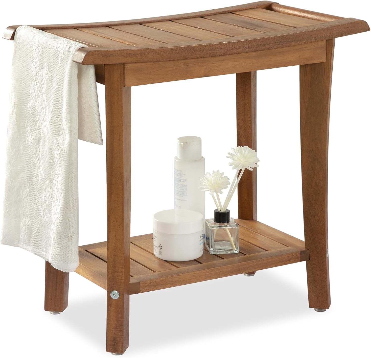 Shower Stool Wood, 2-Tier Wooden Shower Bench for Inside Bathroom Sitting, Heavy Duty Chair with Storage Shelf, Acacia Wood Waterproof - Natural