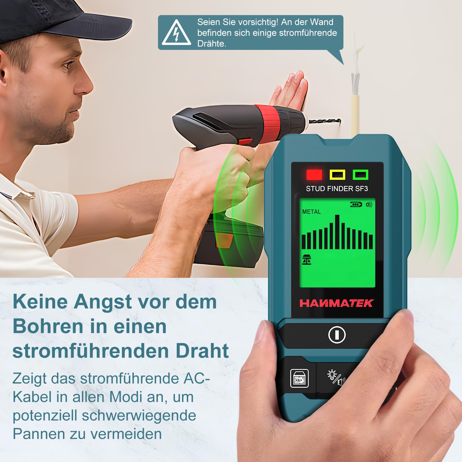 HANMATEK Leitungssucher Ortungsgerät SF3 Wand Scanner Detektor Multifunktional Stud Finder Holz/Eisenmetalle/Nichteisenmetalle/Kabel