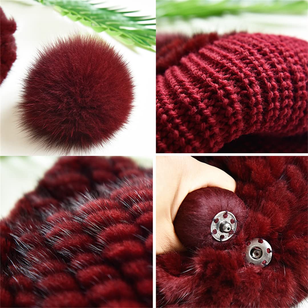 Sombreros de Piel de visón de Invierno para Mujer con pompón Moda Forro de Lana cálido Gorros con Orejeras para Mujer