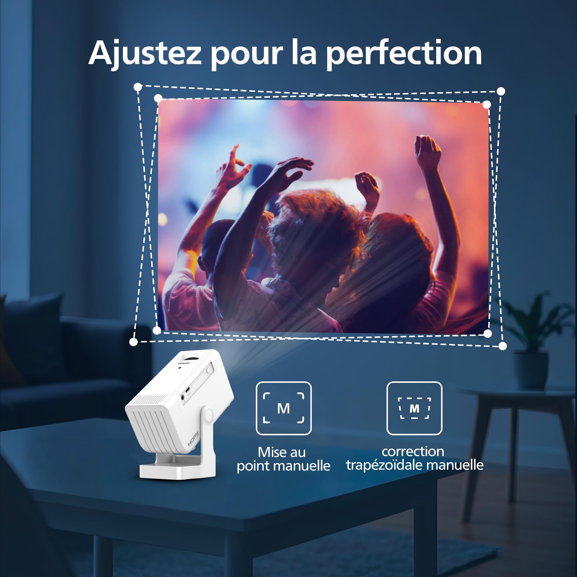 Philips, Neopix 140, Vidéoprojecteur Home cinéma, Résolution 1280x720p, Rotatif à 180 degrés, Mode Miroir, Wi-FI 6, Son Stéréo 2x3 Watts, Blanc