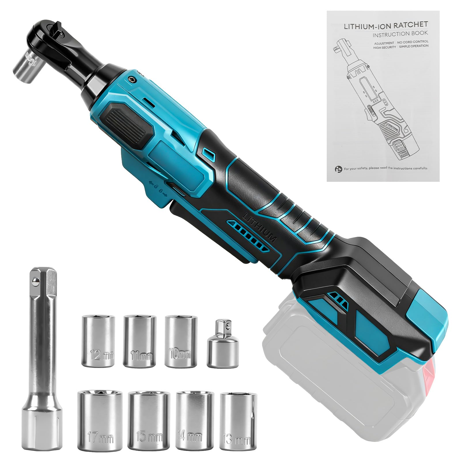 Llave de carraca con batería de 3/8", compatible con batería Makita de 18 V (sin batería), 80 Nm, carraca eléctrica sin escobillas con adaptador de 1/4", barra de extensión y 7 llaves
