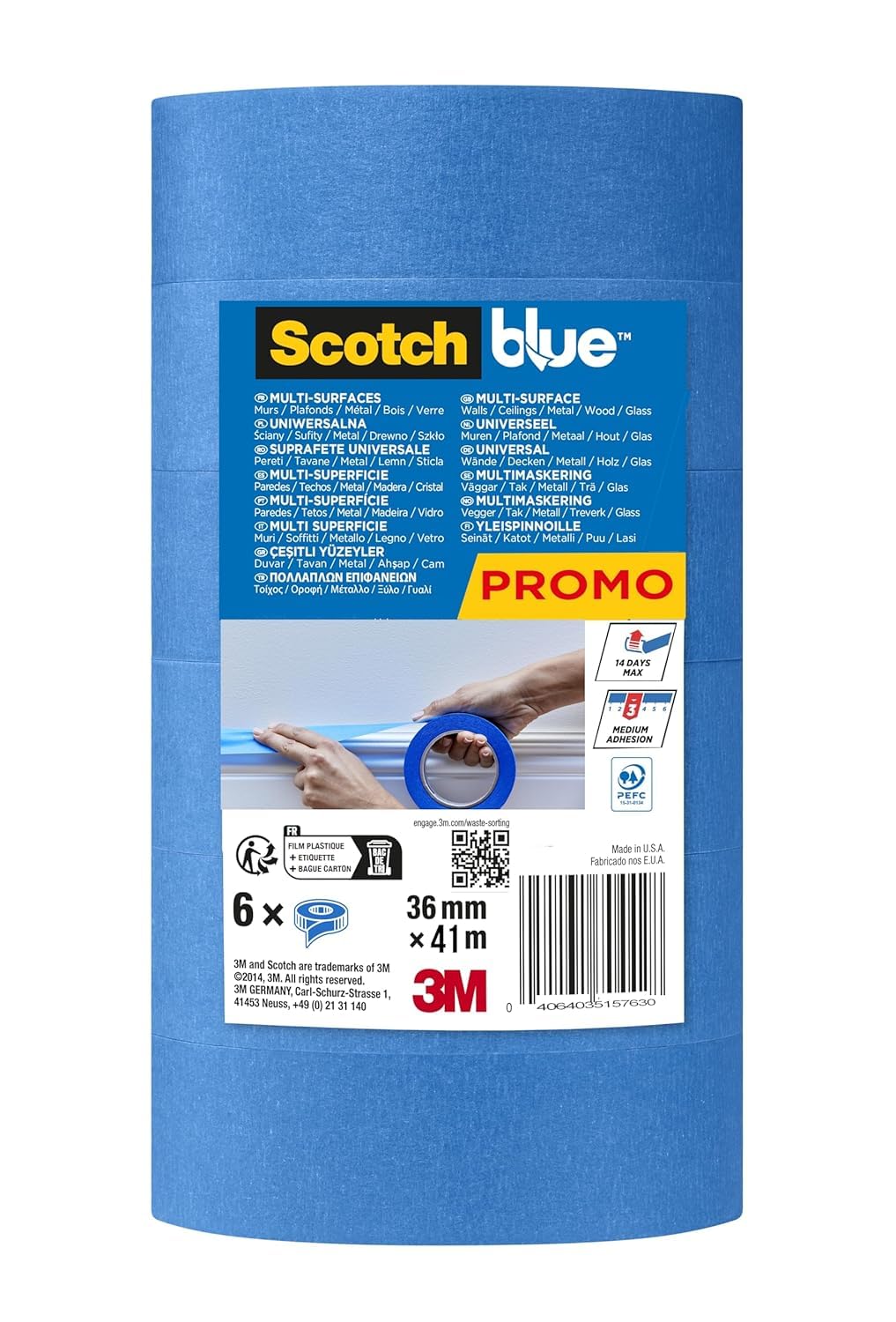 ScotchBlue Ruban de masquage Multi-Surfaces, 36 mm x 41 m, 6 Rouleaux/Emballage, 70% PEFC, SGSCH-PEFC-COC-110078