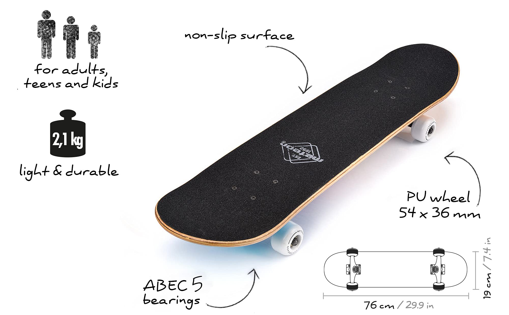 Meteor Holz Skateboard Kinder - Mini Cruiser Kickboard - Skateboard mädchen Rollen Board - hohe Qualität Old School Skateboards Holz Deck - Retro Skateboard Jungen - Kinder Mini-Board
