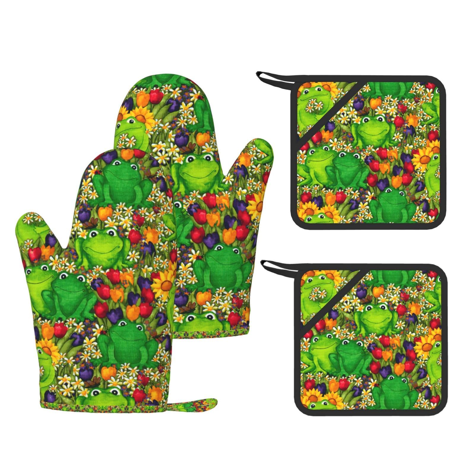 Eeprty Black Frog Printed Kitchen Oven Gloves And Potholder 4 Pcs, Non-Slip Heat Resistant Mitts For Baking Chef