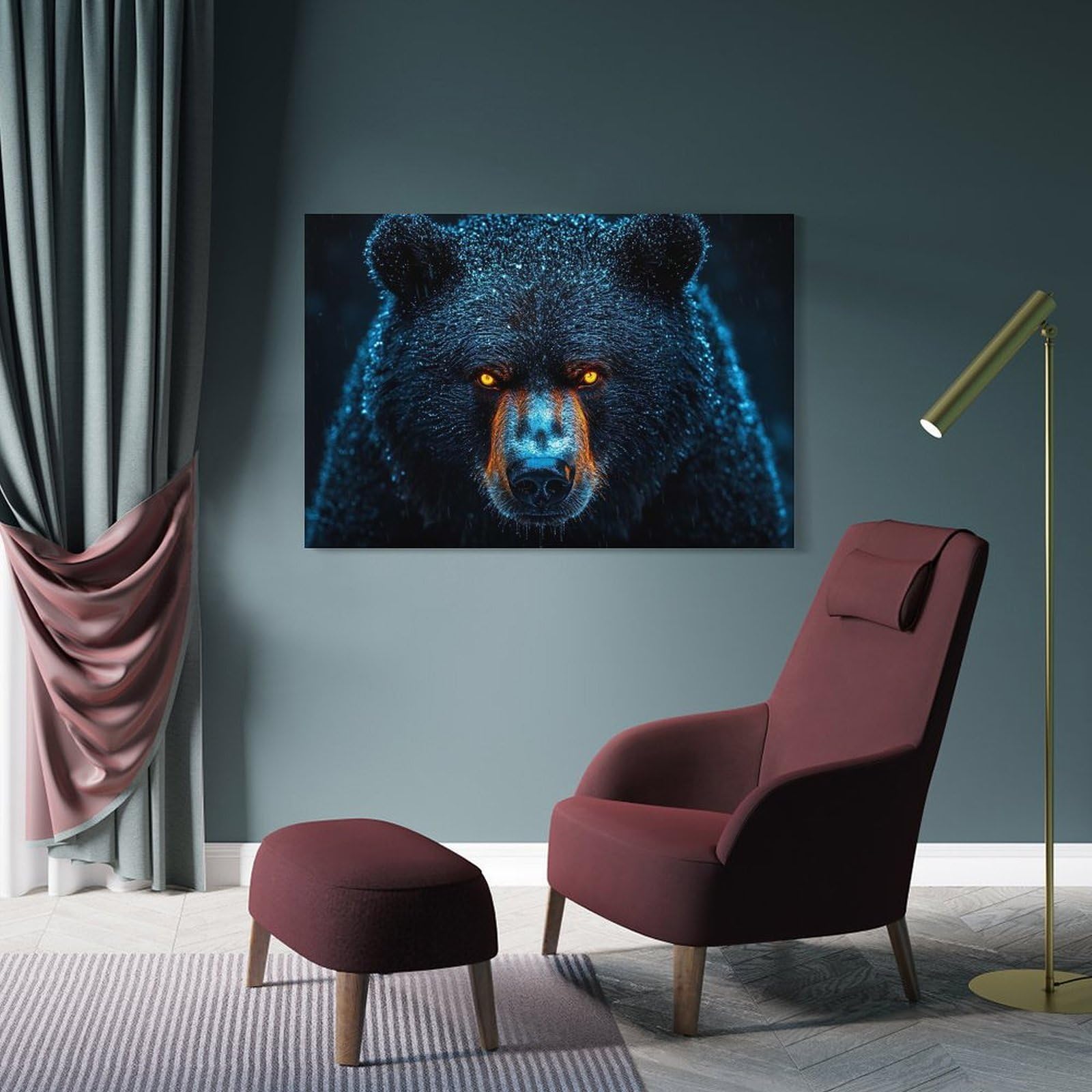 Junmoney Intense Black Bear Portrait with Glowing Eyes Canvas Wall Art, 08x12inch(20x30cm), for Wall Displays, Bedrooms Or Room Updates, Ideal for Building A Coordinated Art Wall