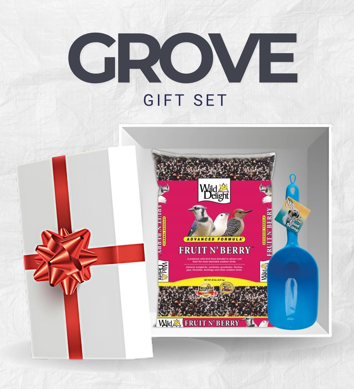 GROVE Wild Delight Fruit N Berry Assorted Species Sunflower Seeds Wild Bird Food 20 lb Bundle with Pet Food Scoop – Nutritious Birdseed Blend for Birds– Gift Set (2 Items)