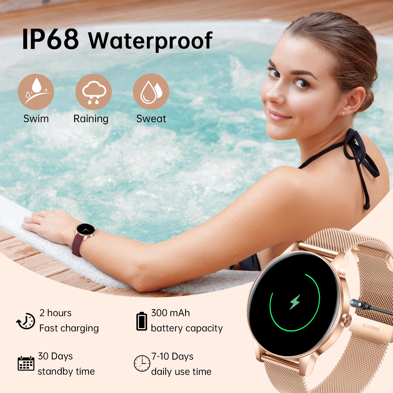 Smartwatch für Damen (Annehmen/Tätigen von Anrufen), 3,2 cm (1,25 Zoll) HD-Bildschirm, Fitness-Tracker mit Herzfrequenz-/Schlafmonitor, 130+ Sport-Modi, IP68 wasserdicht, Aktivitäts-Tracking