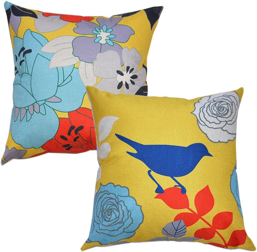 Flowers Bird Throw Pillow Covers Pillow Protectors 18 x 18 Inch Set of 2 Spring Decorative Cushion Cases for Sofa Couch Bedroom Home Decor Cotton Linen Square Pillowcase Blue Yellow