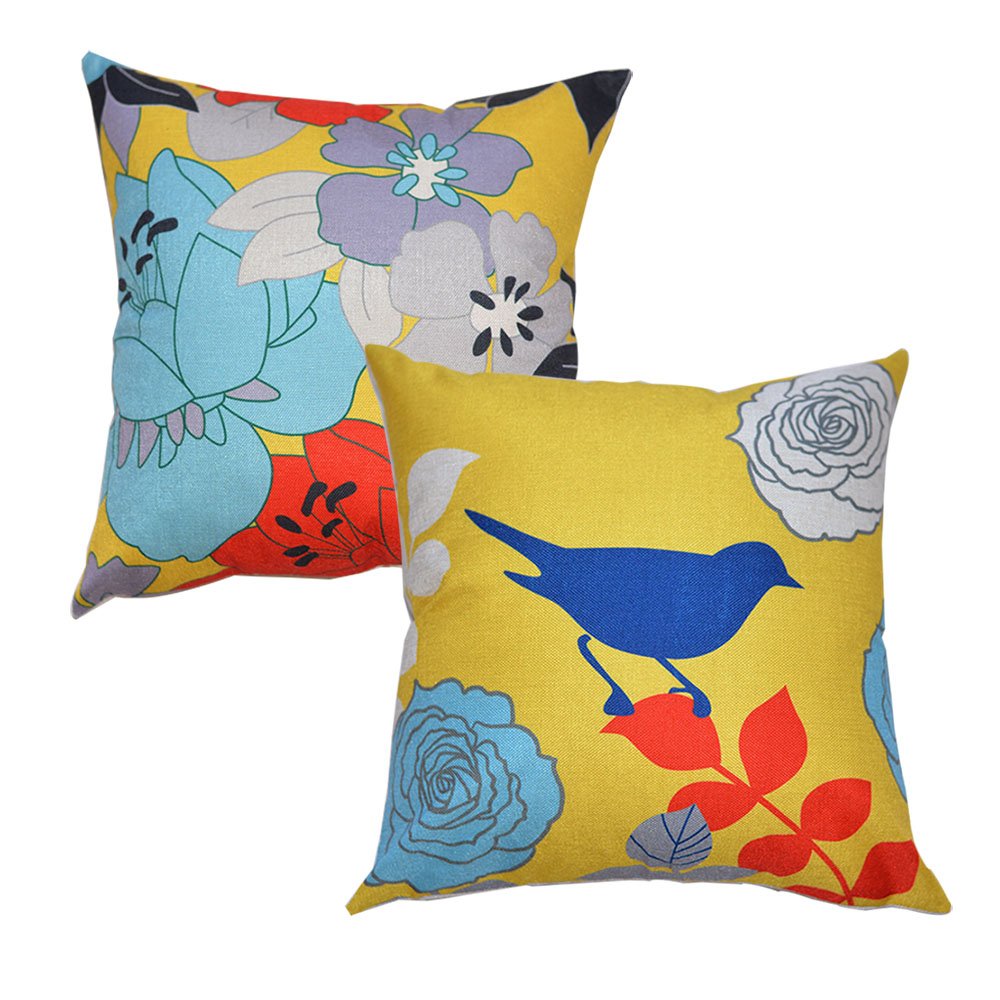 Flowers Bird Throw Pillow Covers Pillow Protectors 18 x 18 Inch Set of 2 Spring Decorative Cushion Cases for Sofa Couch Bedroom Home Decor Cotton Linen Square Pillowcase Blue Yellow