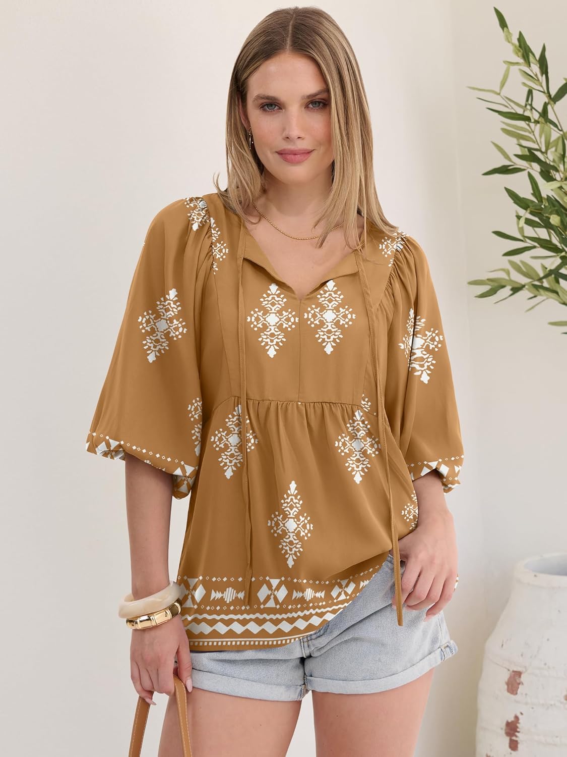 Caracilia Womens 3/4 Sleeve Blouse V Neck Boho Dress Tops Flowy Casual Dressy Shirts Beach Vacation Clothes Spring Outfits - Image 4