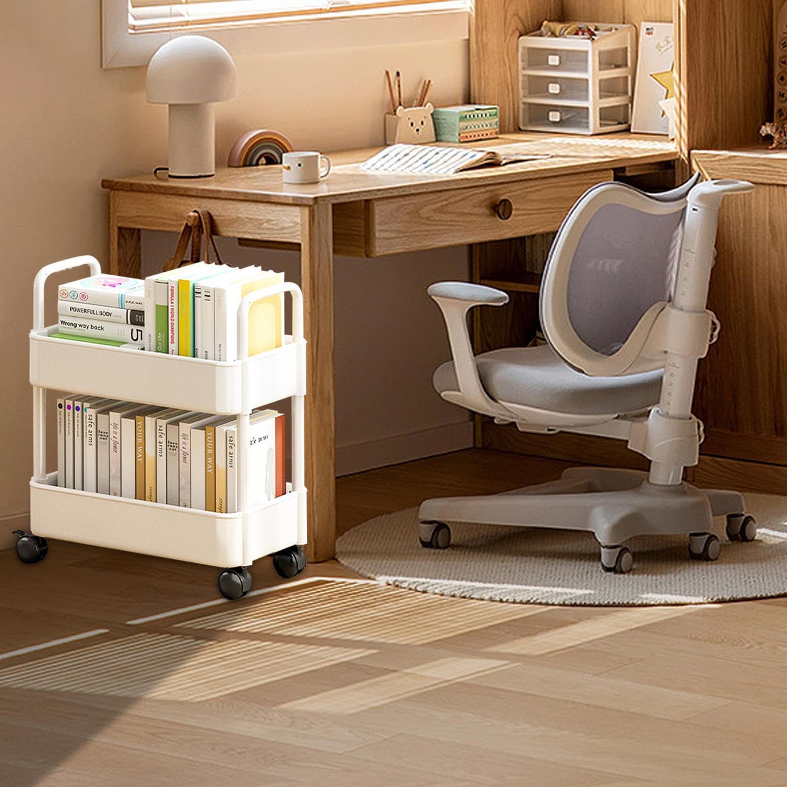 Bibliothèque mobile avec roulettes - Chariot de rangement à 2 niveaux - Étagère de rangement pour jouets - Chariot de cuisine pour organiser de nombreux livres et magazines - 37 x 25 x 43,5 cm