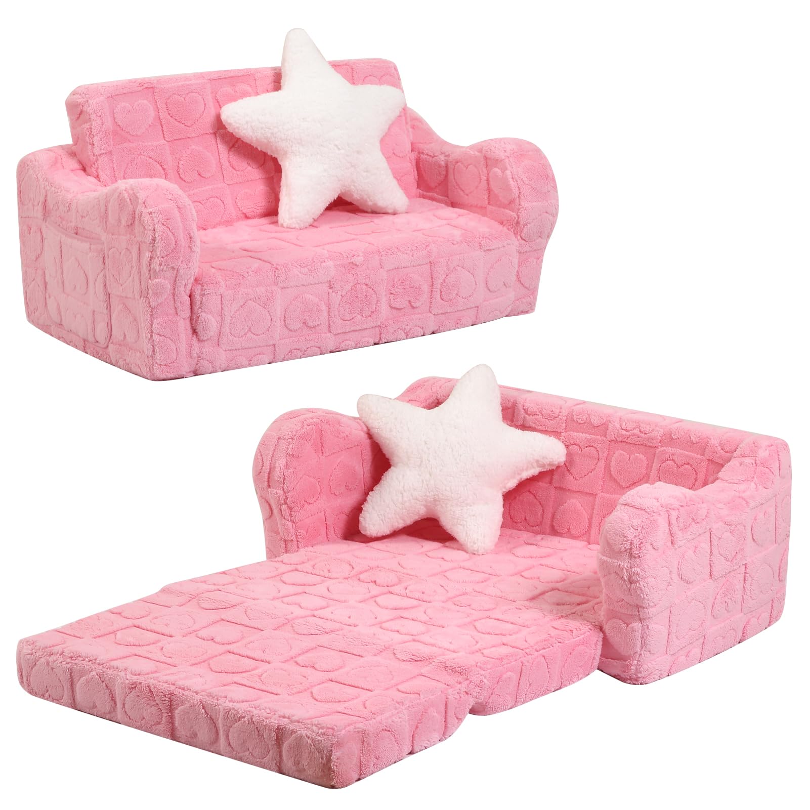Extra Wider Seating Toddler Couch, 2-in-1 Toddler Soft Couch Fold Out with Star Pillow, Convertible Sofa to Lounger for Girls and Boys, Pink Heart