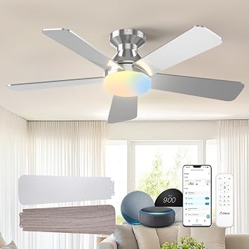 Amico 42 inch Smart Ceiling Fans with Lights, Low Profile Ceiling Fan, Remote/Alexa Voice Control, Flush Mount, Reversible DC Motor, 5 Blades, 6 Speeds, 3CCT, Dimmable, Noiseless, Bedroom, Nickel