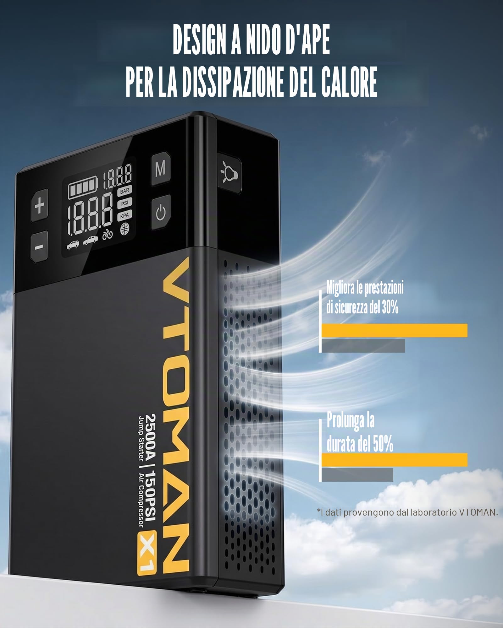 VTOMAN X1 Pacco di Avviamento con Compressore d'Aria 2500A, Booster Portatile per Batteria Auto (Fino a 8,5L Benzina/6,0L Motori Diesel) Pacco di Avviamento con Gonfiatore Digitale per Pneumatici