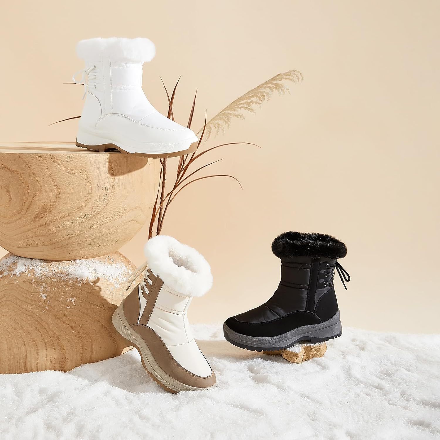 XRH Women's Black Waterproof Snow Boots Winter Mid Calf Fur Lined Boots for Women Non-Slip Fuzzy Platform Booties for Cold Weather - Image 3