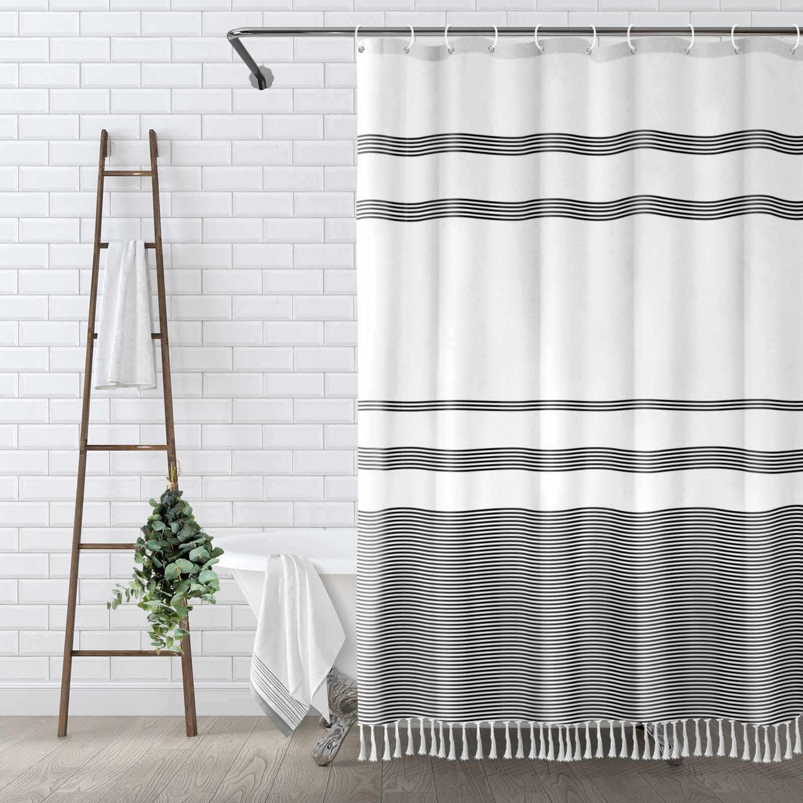 Awellife Boho Black Shower Curtain for Bathroom Stripe Tassel Shower Curtain 72 X 72 Inches Farmhouse Cotton
