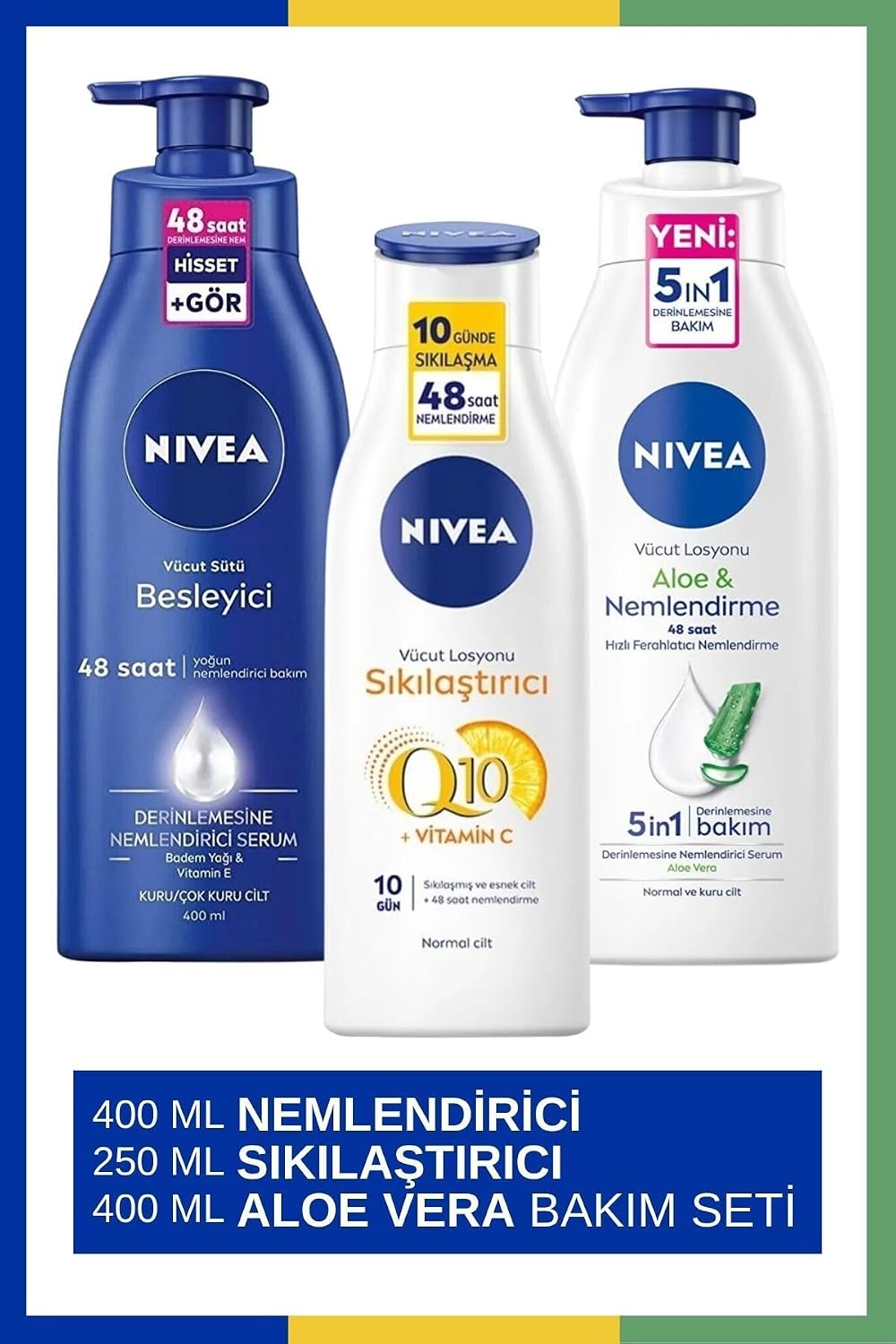 NIVEA Q10 Sıkılaştırıcı Vücut Losyonu 250ml & Vücut Sütü Besleyici 400ml & Aloe Vera Vücut Losyonu 400ml
