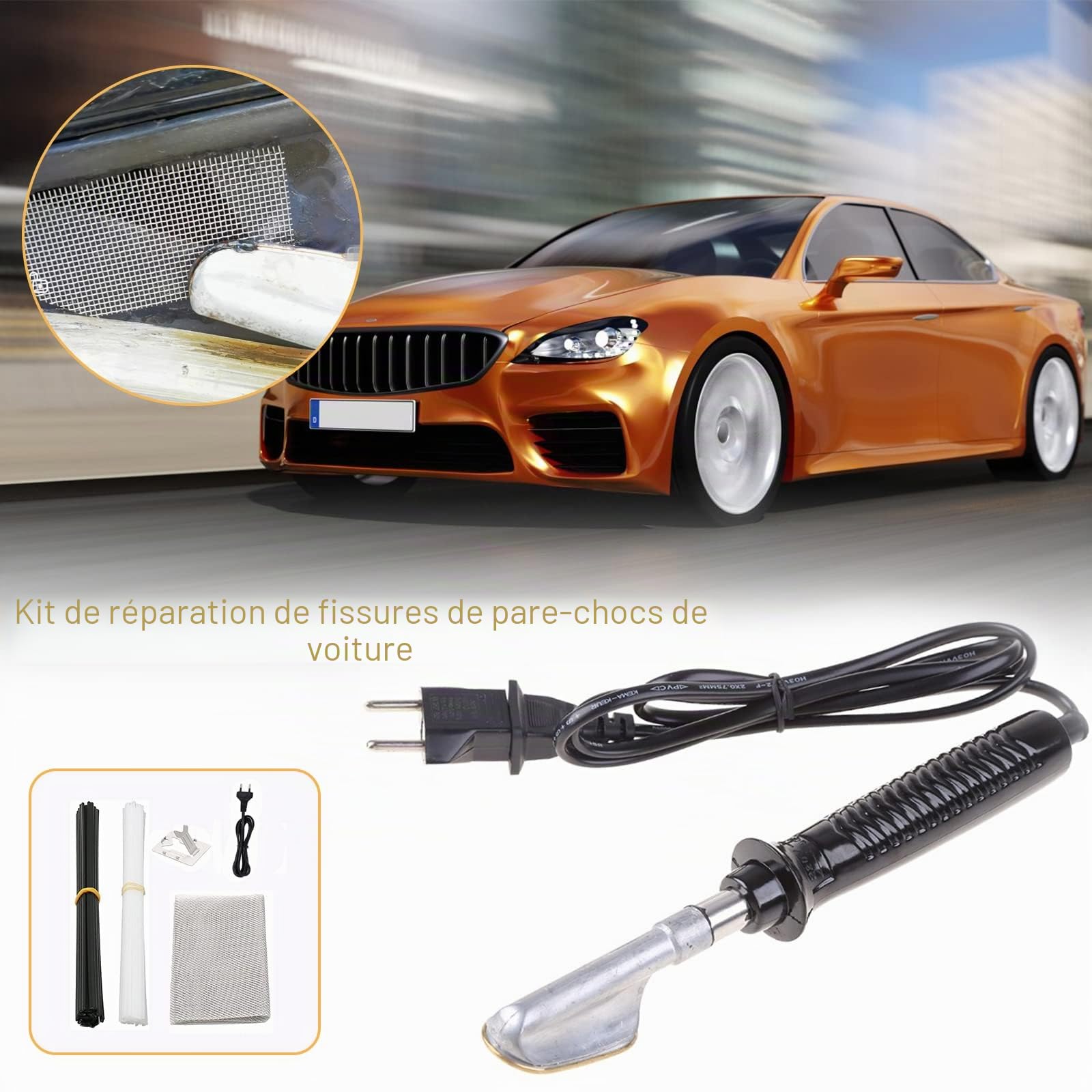 Kit de réparation de parechocs de voiture, kit de réparation de parechocs en plastique, kit de réparation de parechocs de voiture, kit de fissure et de trous de réparation de grille spatule fil de