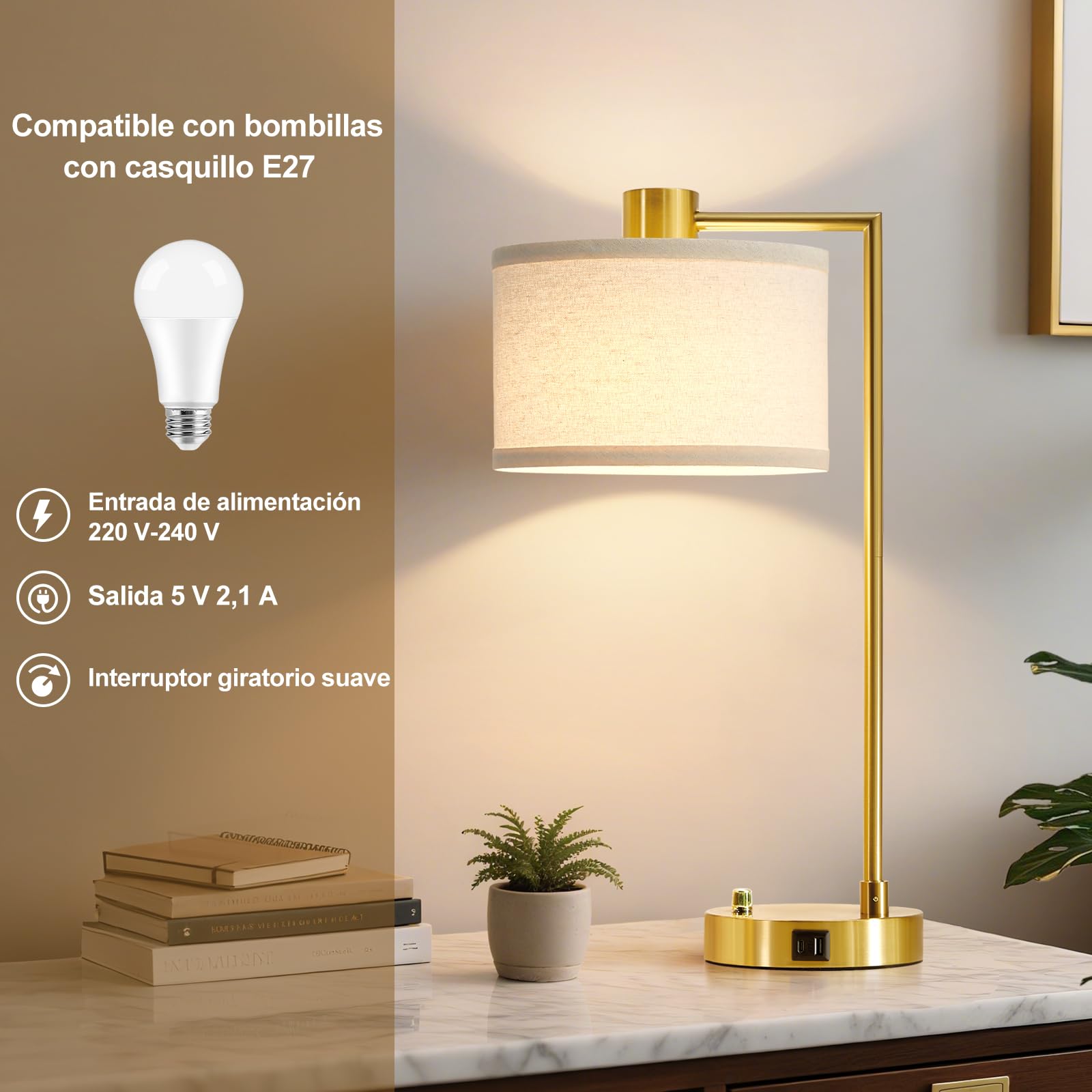 GyroVu Lámpara de mesa para dormitorio, puertos USB C+A, lámpara de mesilla grande, lámpara de mesilla regulable sin escalonamientos con pantalla de lino para salón, lectura y oficina (Dorado)
