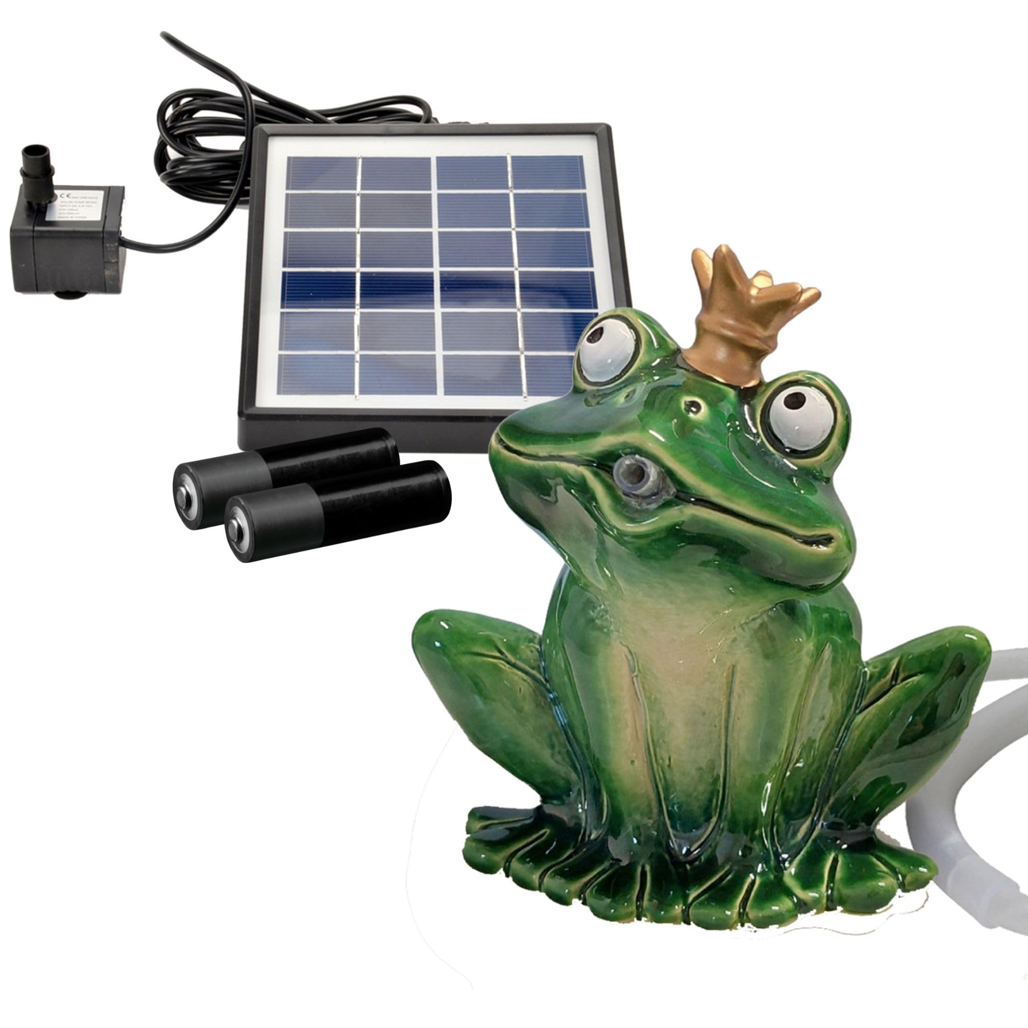 Storm's Gartenzaubereien Wasserspeier Frosch mit Akku Solarpumpe 16cm aus Keramik Laufzeit ohne Sonne 4-5 Stunden