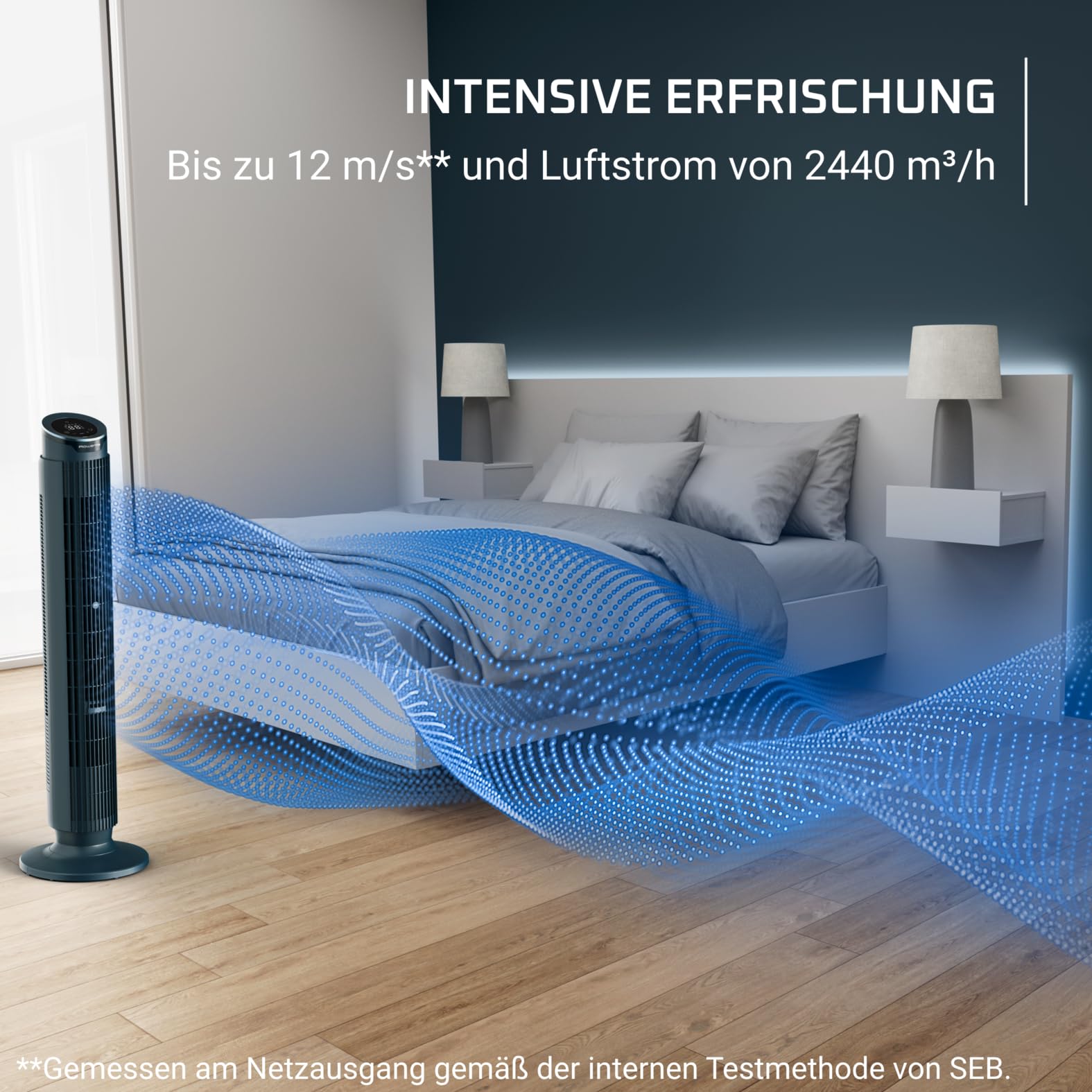Rowenta Eole Silence Force Turmventilator VU7050F0, 12 Geschwindigkeitsstufen, 5 Automatikmodi, Timer, 60-90°-Schwenkung, Fernbedienung, Blau