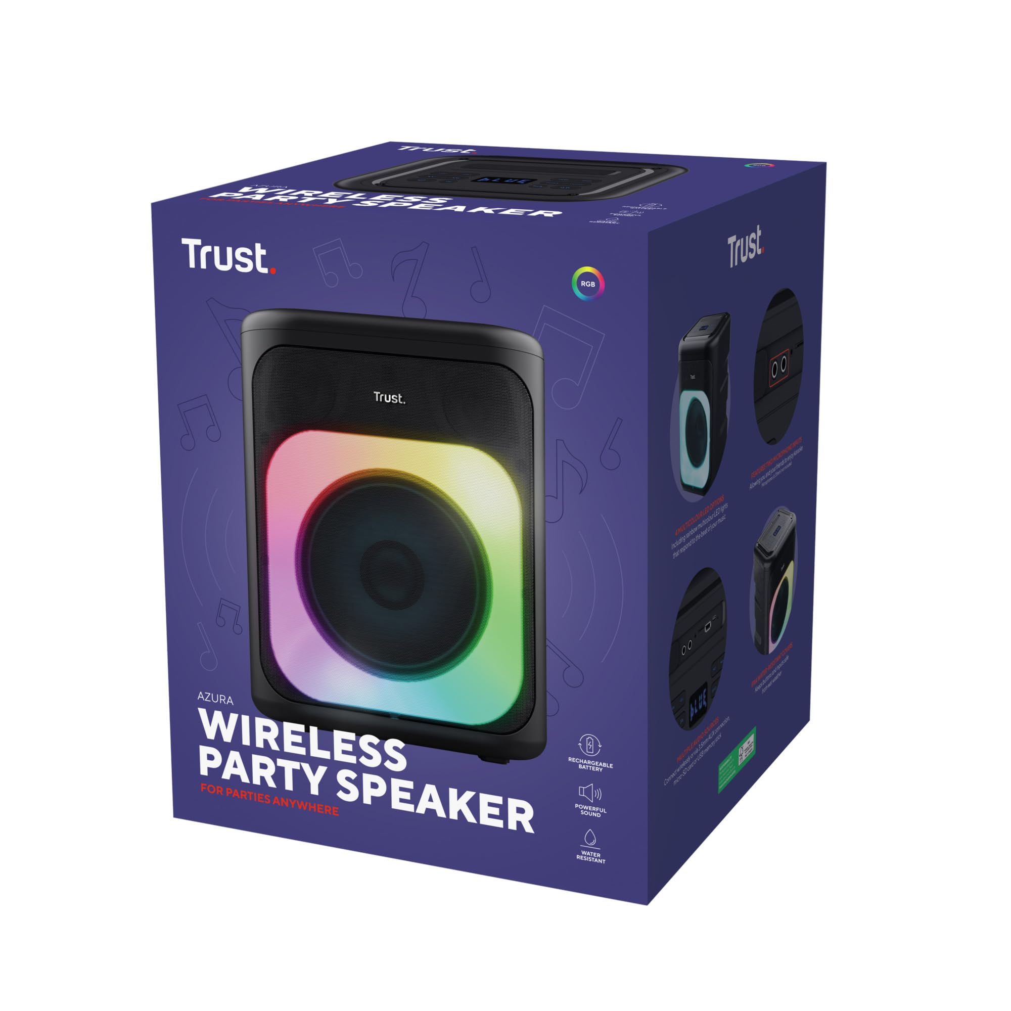 Trust Azura Cassa Bluetooth Portatile 100W per Feste, Altoparlante Bluetooth LED RGB Wireless Party Speaker Intemperie IPX4, Batteria Ricaricabile 11 Ore, 2 Ingressi per Microfono Karaoke - Nero