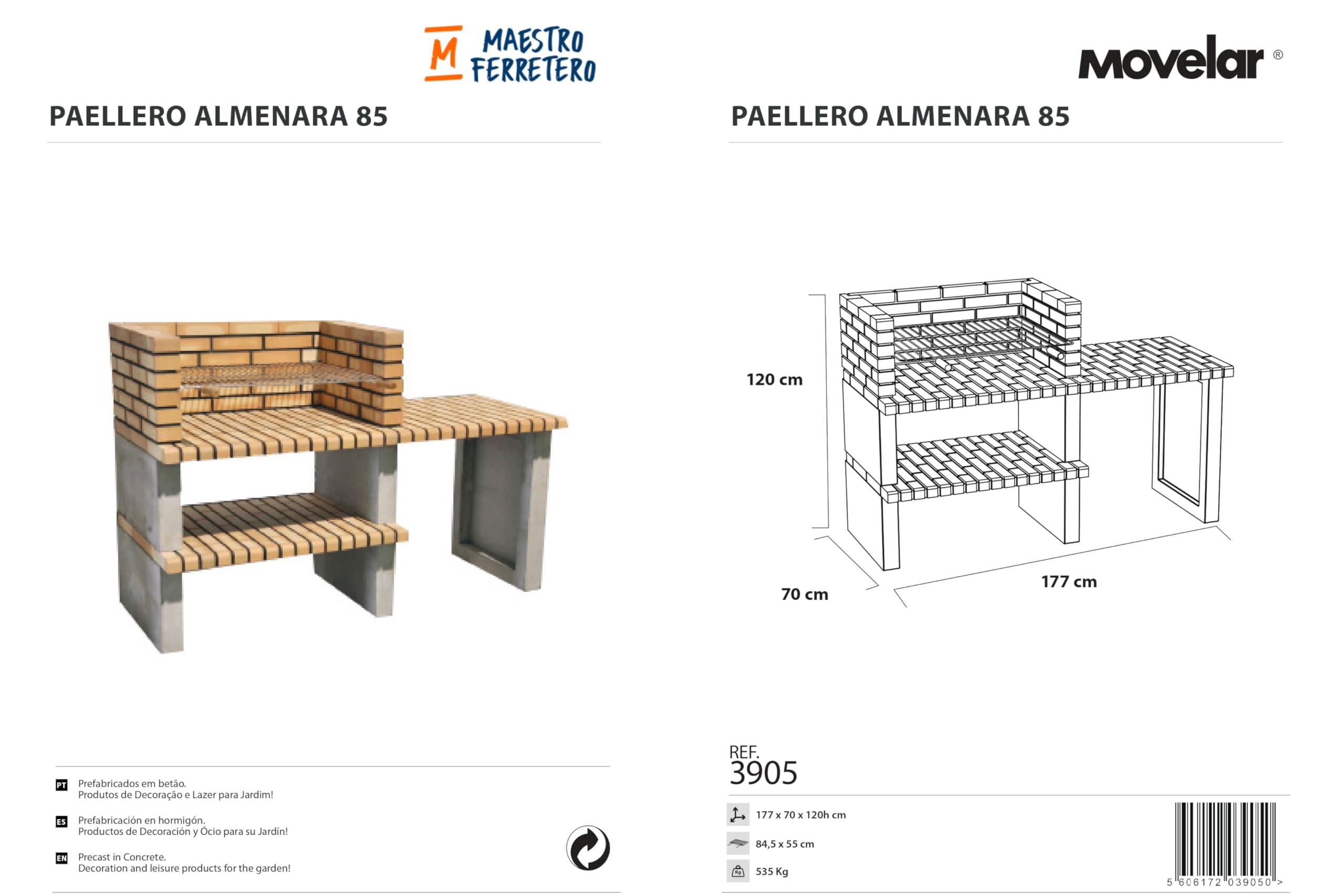 MOVELAR - Barbacoa de Obra Prefabricada de Leña y Carbón Modelo Paellero Almenara 85 (Gris, Naranja - 177 x 70 x 120 cm) REF: 3905 - Cocina de Exterior para Jardín o Patio