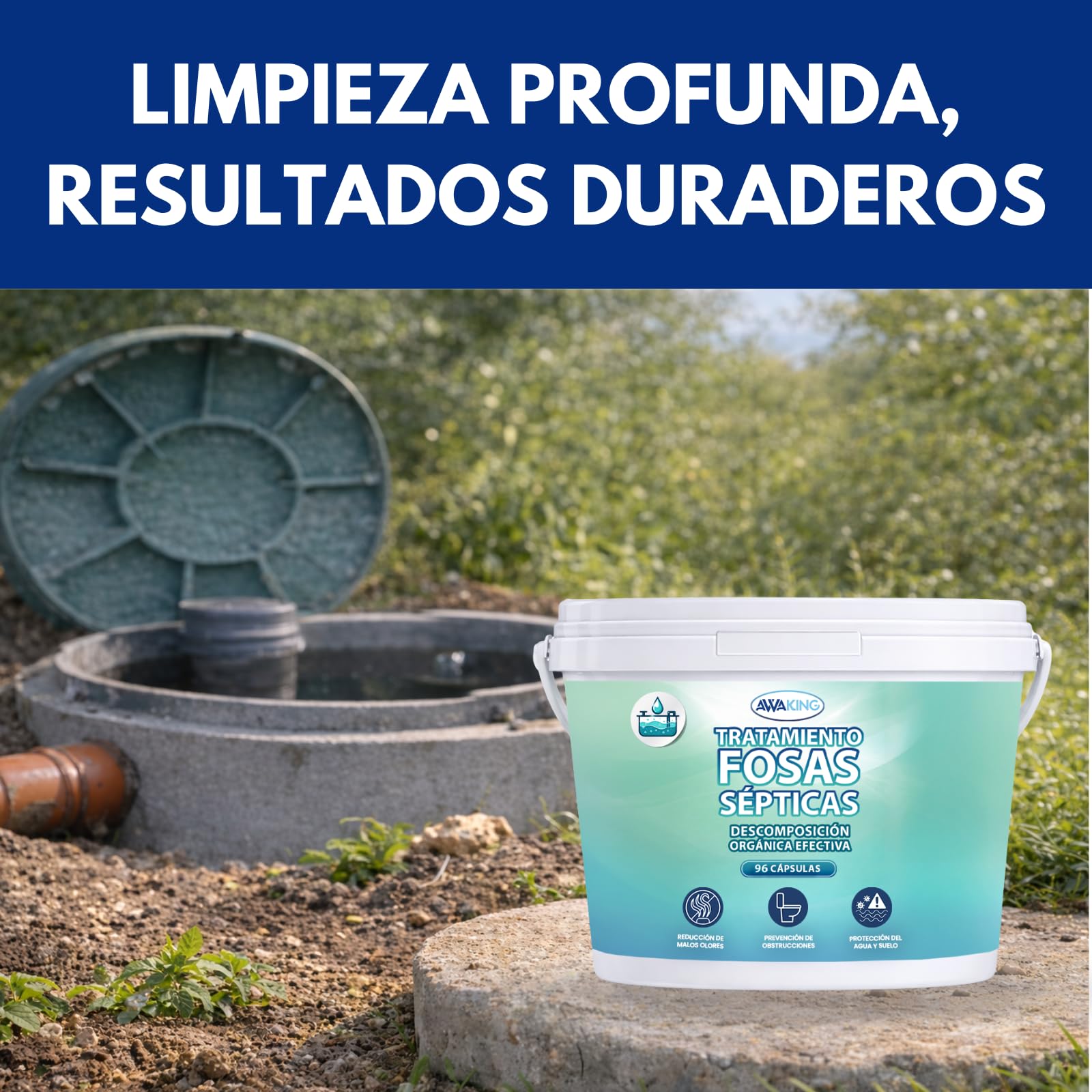 AWAKING Tratamiento Fosas Sépticas 96 Cápsulas | Pastillas con Bacterias Activas | Mantenimiento Mensual y Eliminación de Olores | Fácil Uso en Tuberías y WC | Dosis Pre-medidas