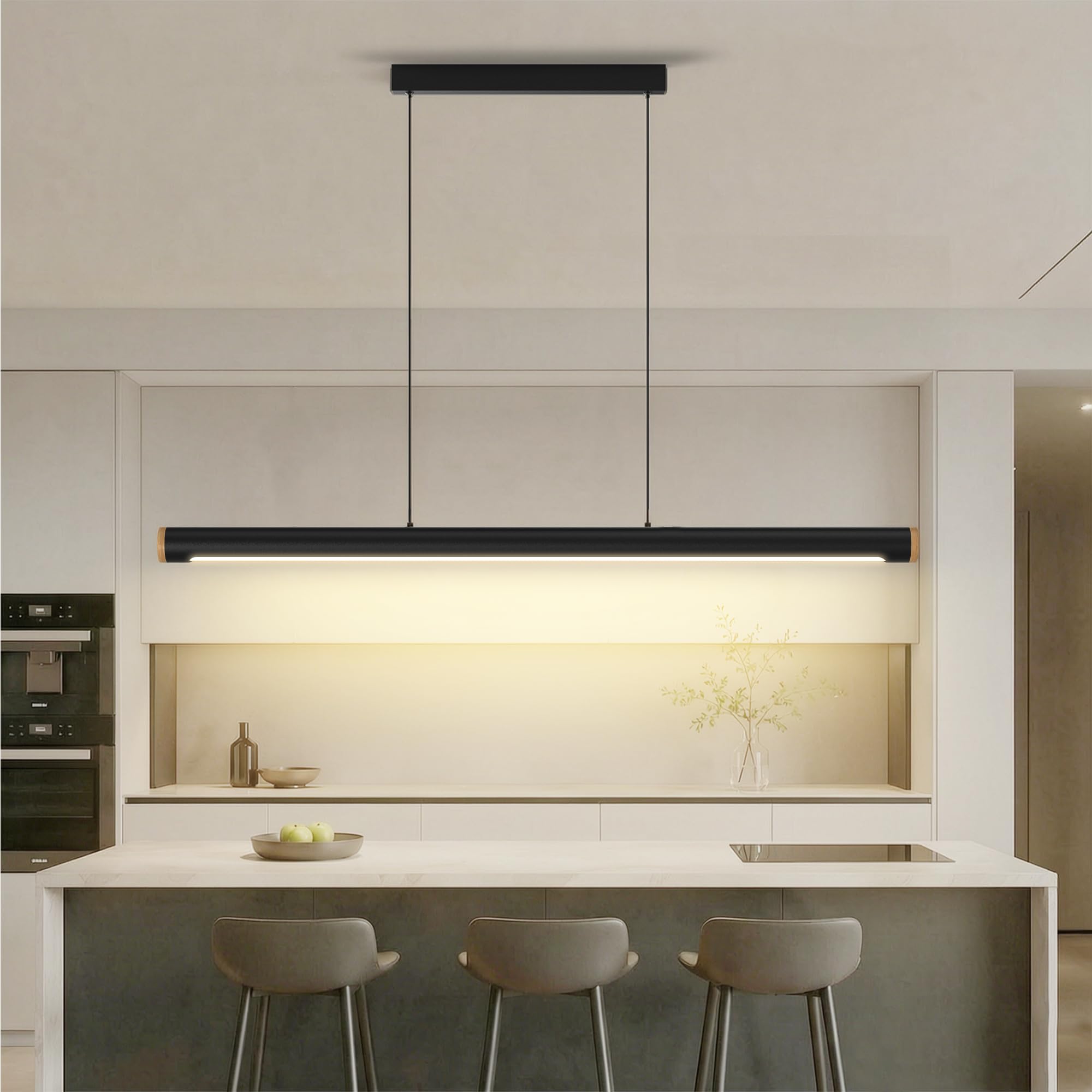 FANLG LED Lampara de techo colgante,120CM Lampara Colgante Cocina Negro Regulable con Control Remoto,46W Lampara Comedor lineal Iluminación Colgante regulable altura para Comedor Cocina Oficina