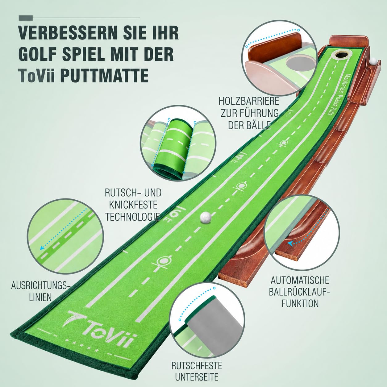 Putting Matte – Indoor Putting Green mit Ballrücklauf, Minigolf für Zuhause, Trainingshilfe für Golfspieler, kompakt & rutschfest, ideal für Heim & Büro Golftraining
