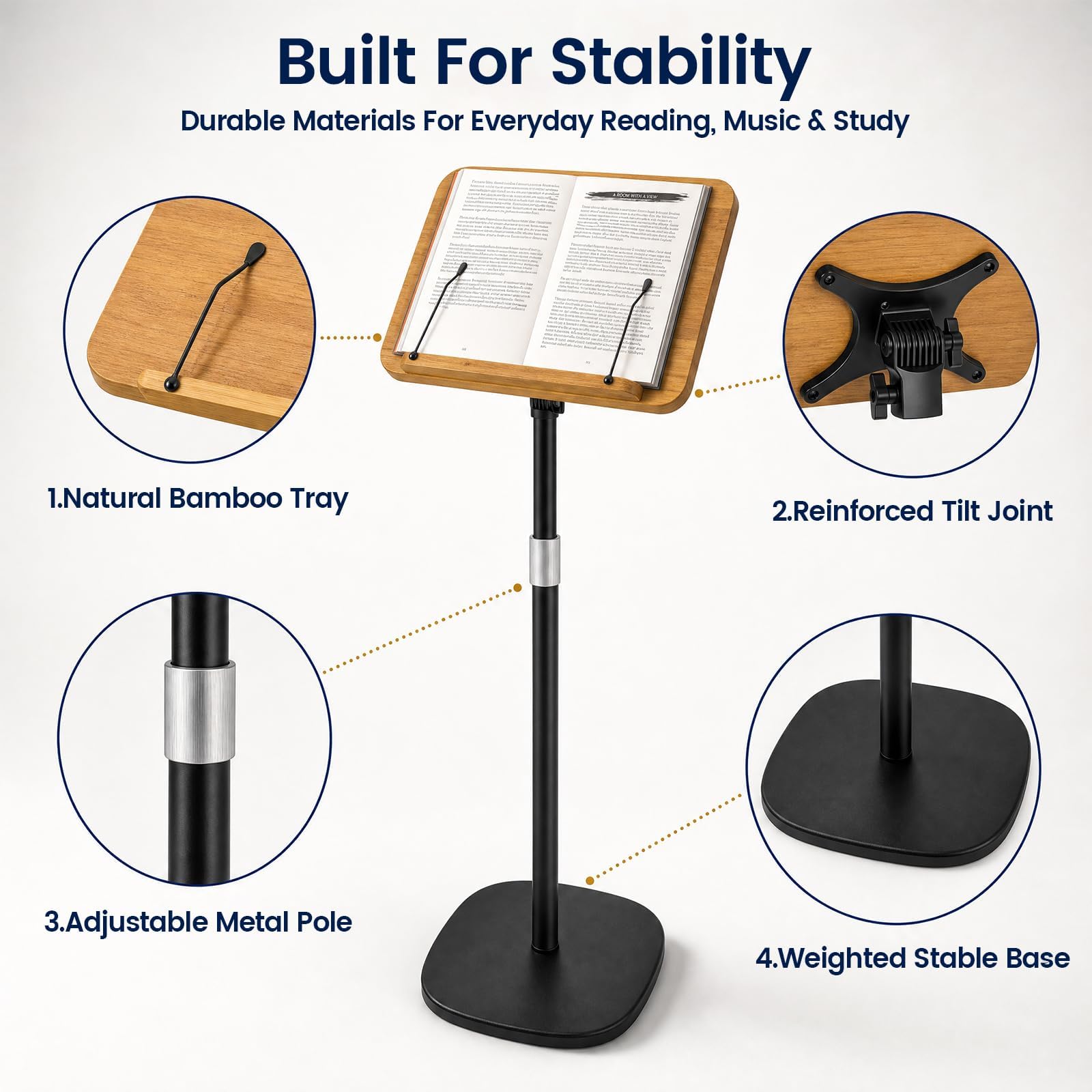 Supporto per libri da pavimento con graffette per pagina, altezza regolabile da 50 a 165 cm, supporto per ricette in legno, supporto per lettura a mani libere, per podio, laptop e proiettori