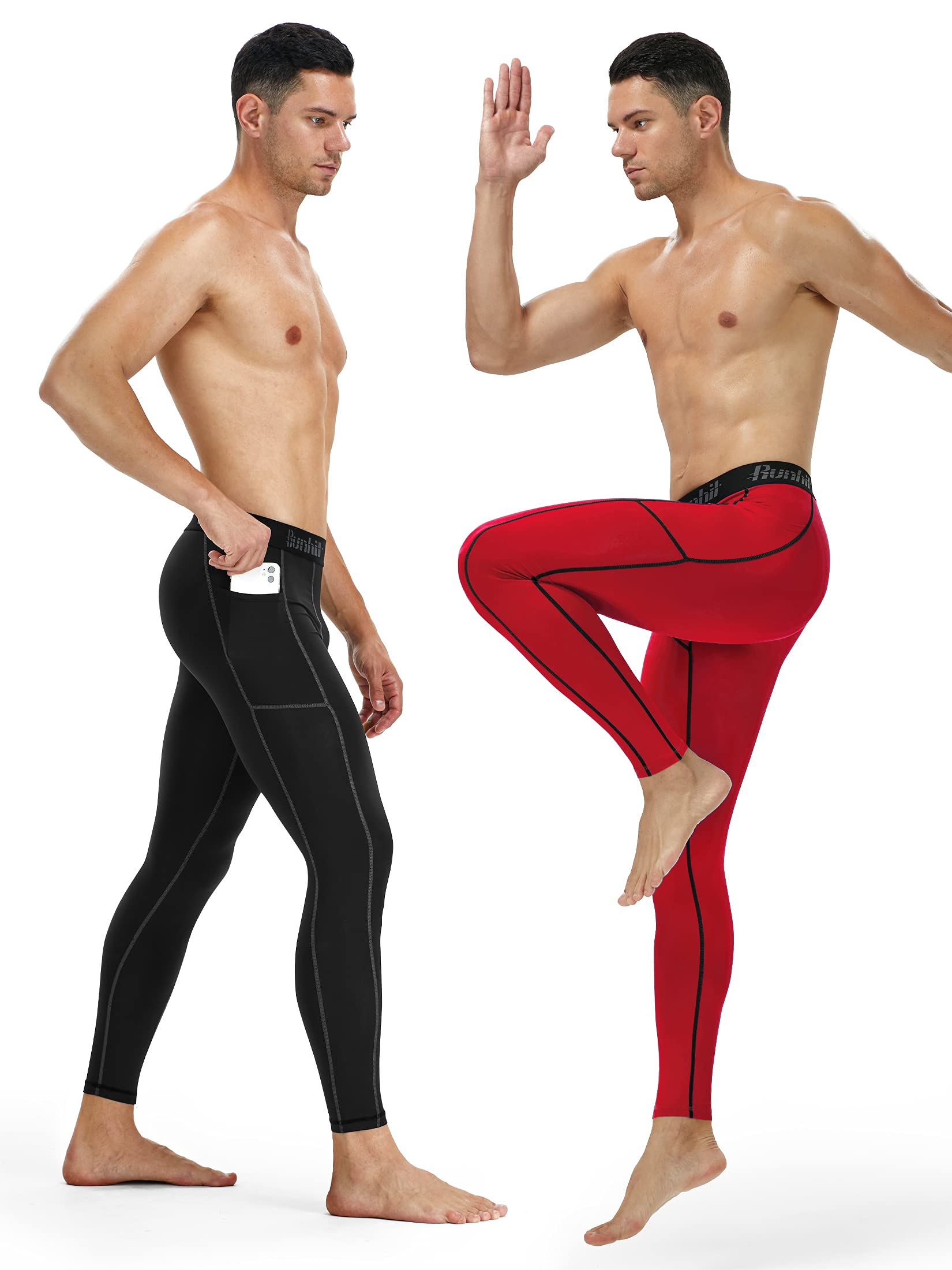 Runhit 2 Pezzi Leggins Uomo Palestra con Tasche Leggings Sportivi Compressione Pantaloni Termici Uomo for Running Rekking Moto Sci Bodybuilding Caccia Ciclismo MTB Calcio Yoga Corsa Bici Golf