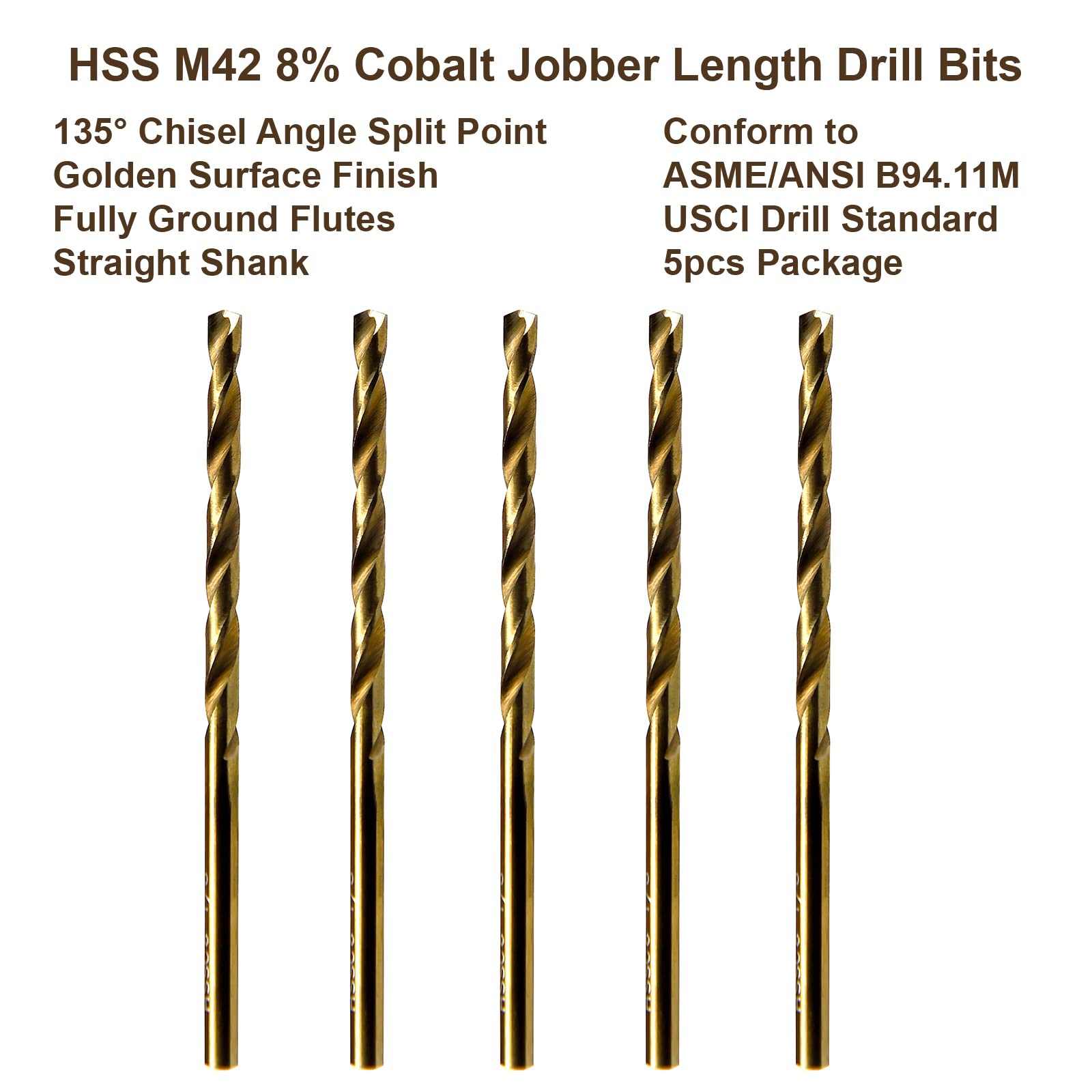 MAXTOOL 1/16 "5 brocas idénticas de longitud Jobber HSS M42 brocas de torsión 8% cobalto totalmente molido dorado vástago taladros; JBF42G10R04P5