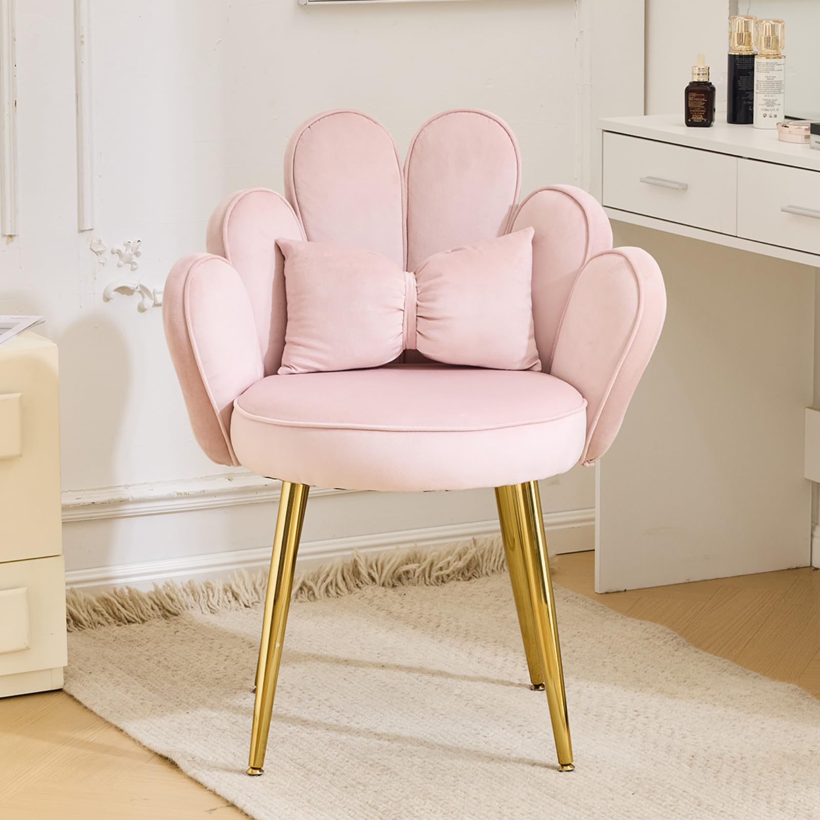 Schminktisch Stuhl mit Blütenblatt-Rückenlehne, Sessel Wohnzimmer, Lesesessel mit Schleifenkissen (Rosa)