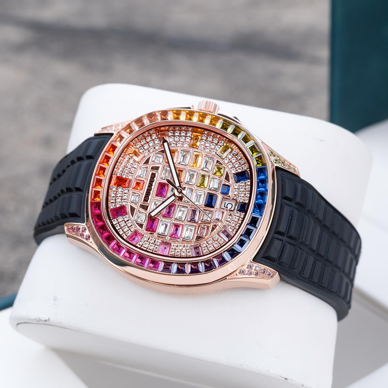 OBLVLO Orologio automatico con quadrante impreziosito da cristalli di lusso, display della data, lunetta in pietra baguette, cinturino in gomma FM-DSL