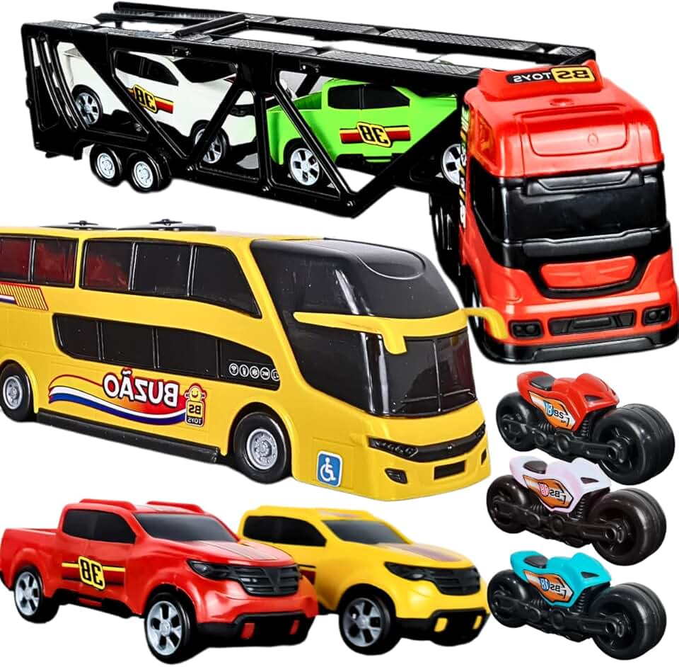 Kit Brinquedo Infantil 8 Peças, Caminhão Cegonha, Ônibus, Carrinhos, Miniaturas para Meninos