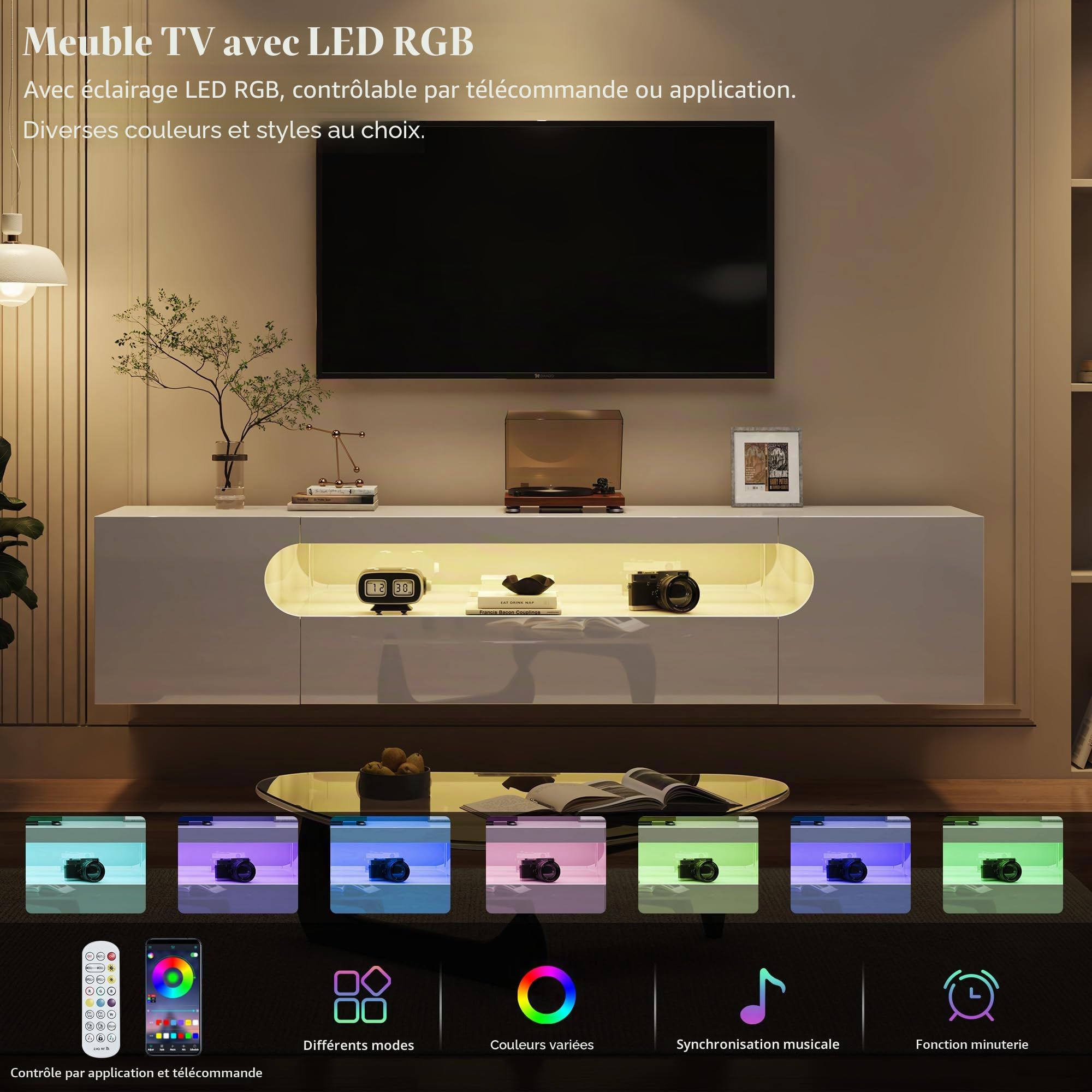 LUXOAK Meuble TV Suspendu 160 cm, Meuble TV Blanc Brillant avec LED RGB, Meuble Télé Suspendu pour 55–75 Pouces, Support TV Mural avec Rangement et Gestion des Câbles