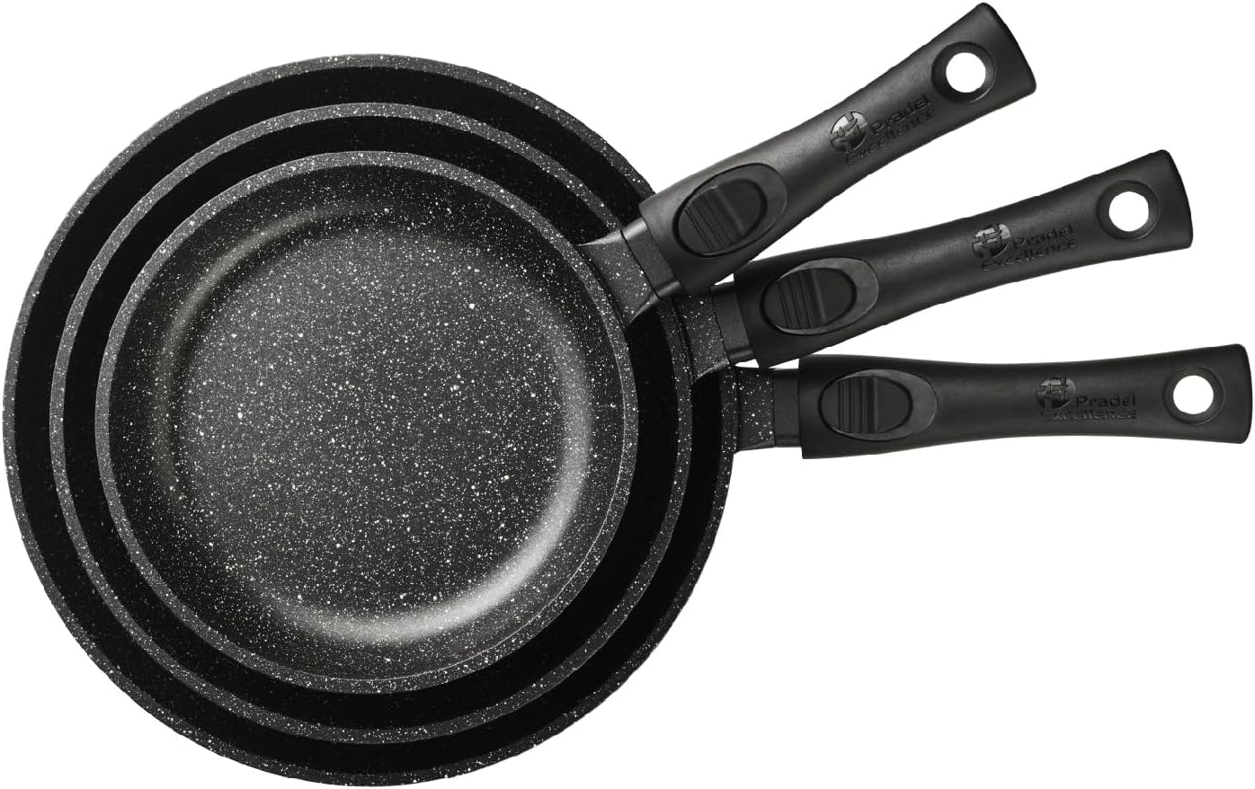 Pradel Excellence - PCUI001032 - Lot de 3 Poêles en Fonte d'Aluminium Premium Ø20,24,28cm - Revêtement Anti-Adhésif Façon Pierre - Manches Amovibles - Tout Feu, Noir