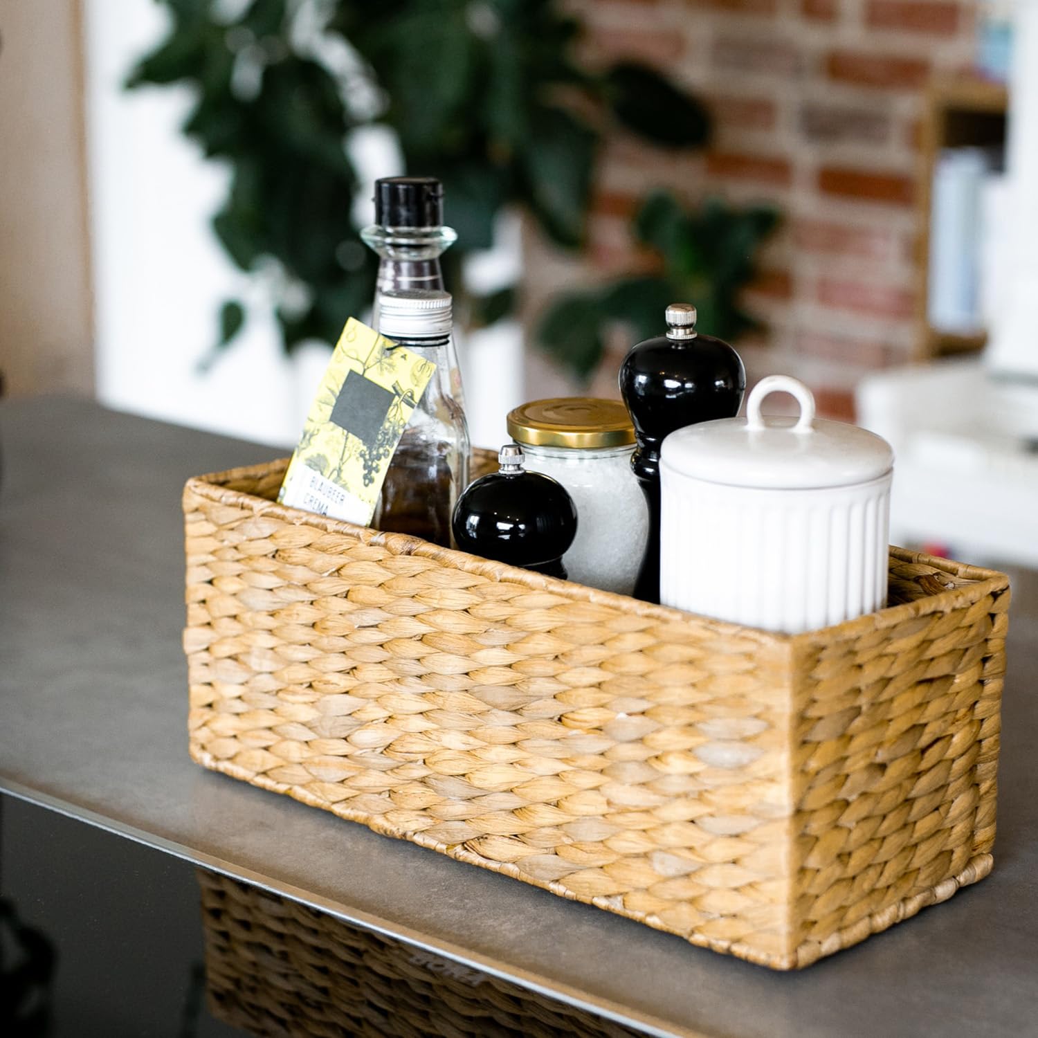 HMF Cesto portaoggetti adatto per KALLAX mezzo scomparto, cesto intrecciato in giacinto d’acqua per bagno, cucina e zona giorno | Set da 2 | 38 x 15 x 14 cm | Naturale