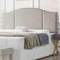 Vista 10 de 24KF - Cabecera de tamaño King de mediados del siglo, tapizada en lino, capitoneada con cabezas de clavos de latón antiguo, con adorno de cabezas