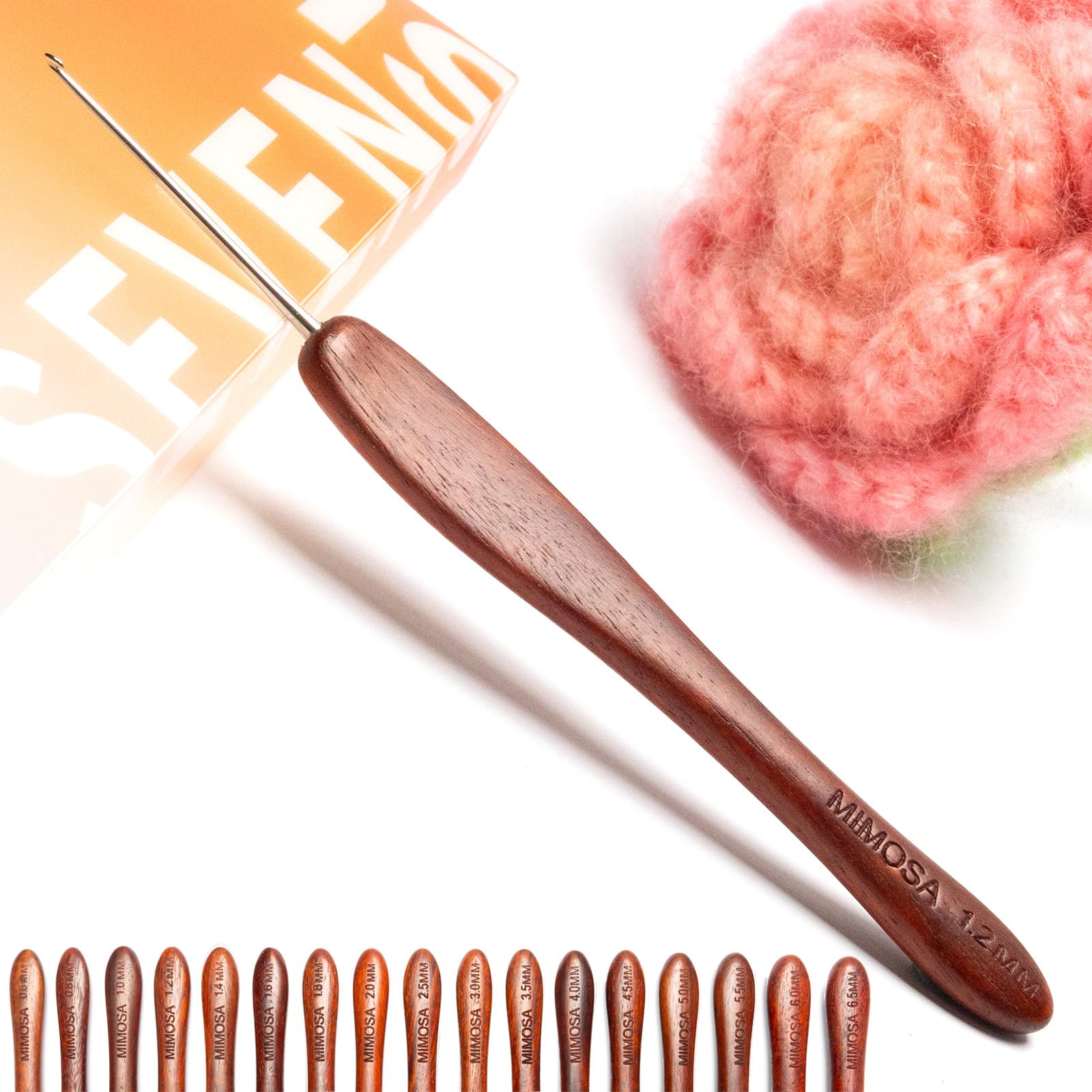 SEVENSUN Mimosa 1.2mm Single Crochet Hook, Available in 0.6mm-6.5mm, Ergonomic Hand Polished Stainless Steel Inline Pointy Wood Handle Crochet Hook for Arthritic Hands, Mother's Day Gifts for Mom