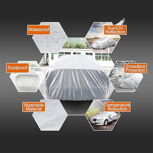Miniatura 5 de Cubierta protectora de autos Uxcell 190T, cubierta de poliéster, impermeable y transpirable para todo tipo de clima, Plateado blanco