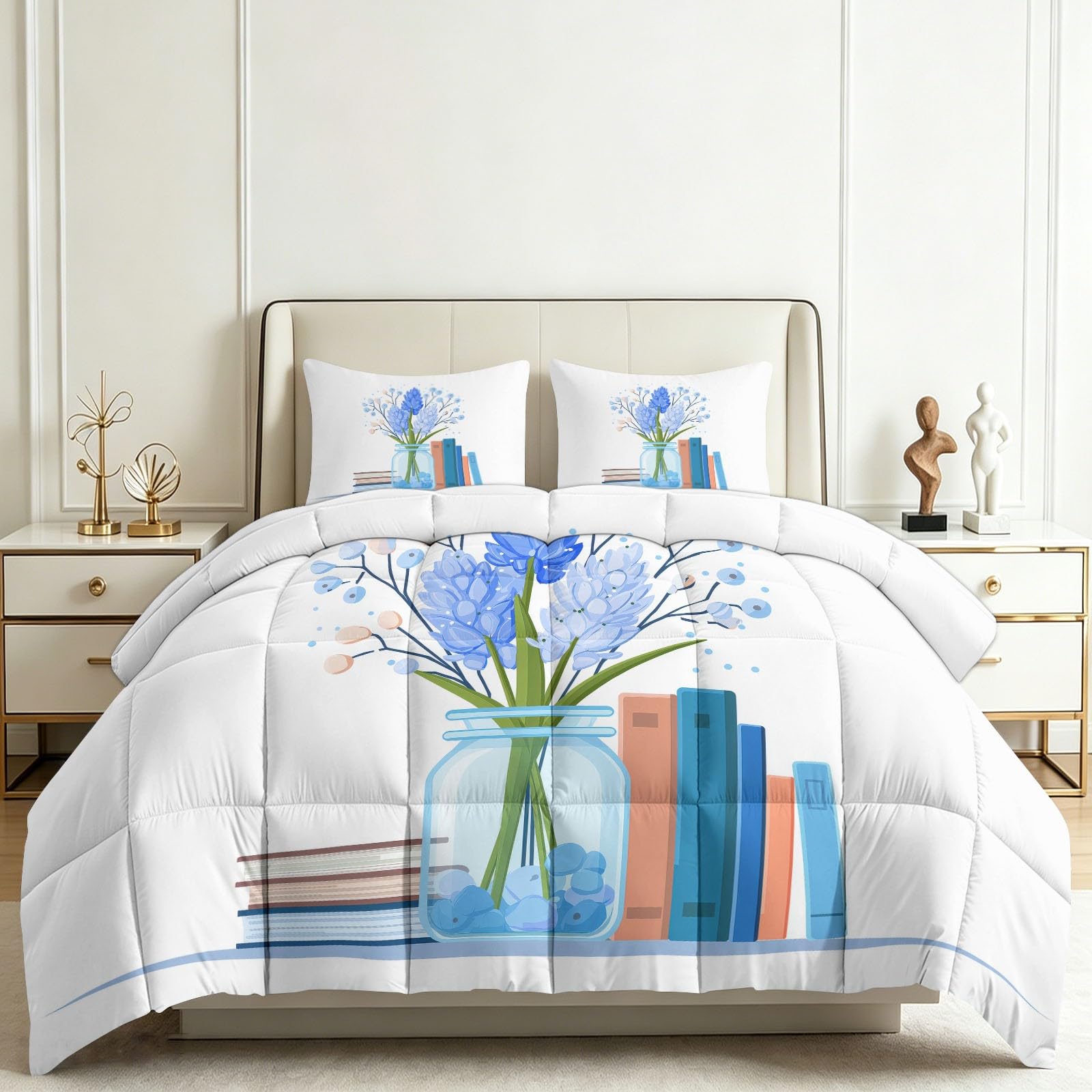 Edredón nórdico 220x240cm con fundas lavable diseño jarrones sencillos y libros