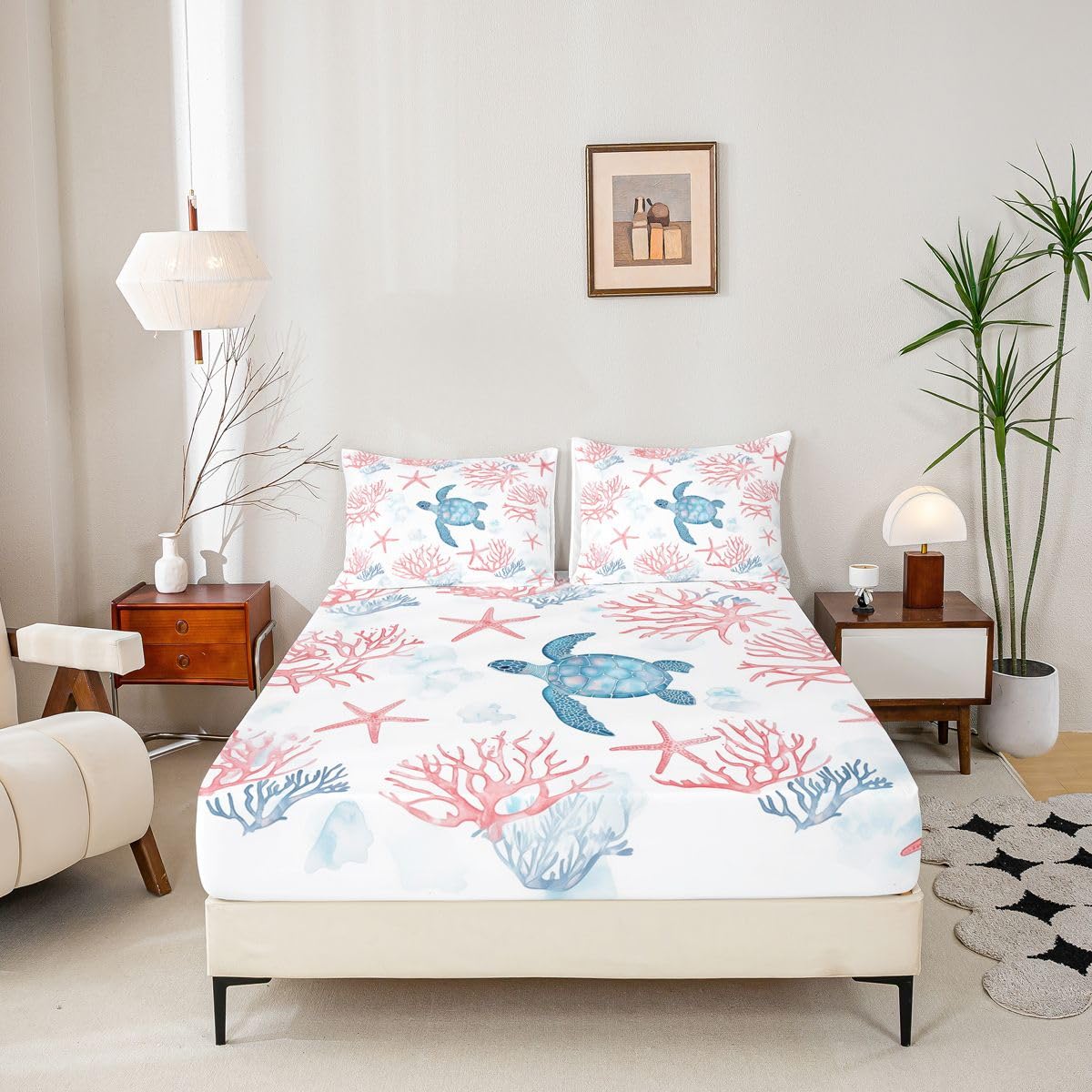 Manfei Sábana bajera ajustable de tortuga marina, tamaño King, juego de ropa de cama tropical hawaiana, 3 piezas, sábanas de estrella de mar coral con 2 fundas de almohada, decoración de habitación de