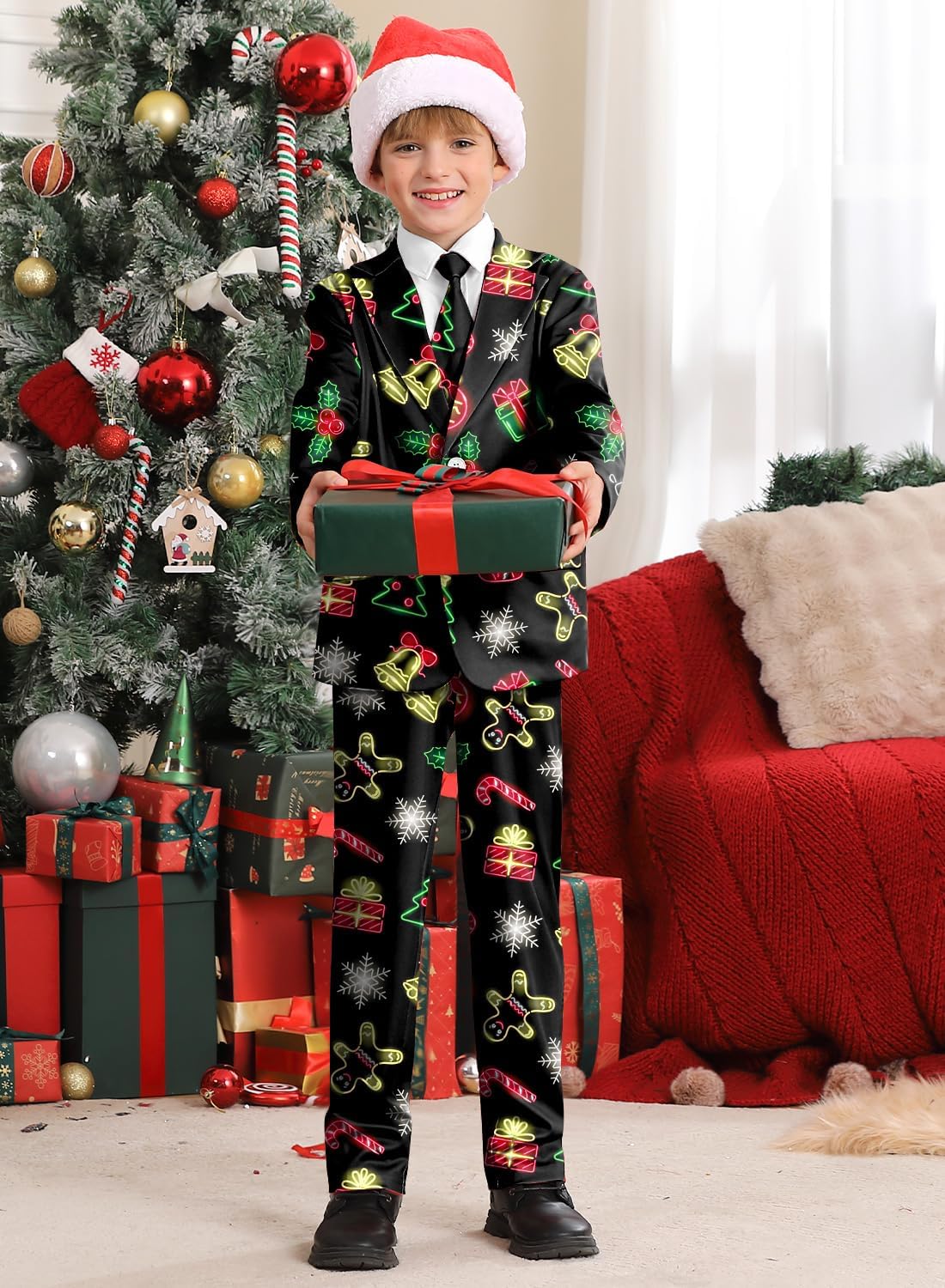 Toddler Boy's Christmas Novelty Graphic Party Outfit Ugly Print Xmas Funny Holiday with Blazer Jacket Pants & Tie Black 6 Years